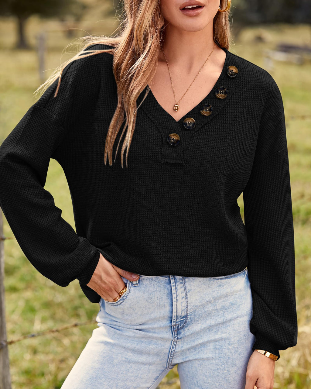 FreshPretty Womens Fall Fashion Long Sleeve Shirts Spring V Neck Loose Casual Deco Button Lightweight Waffle Knit Tops