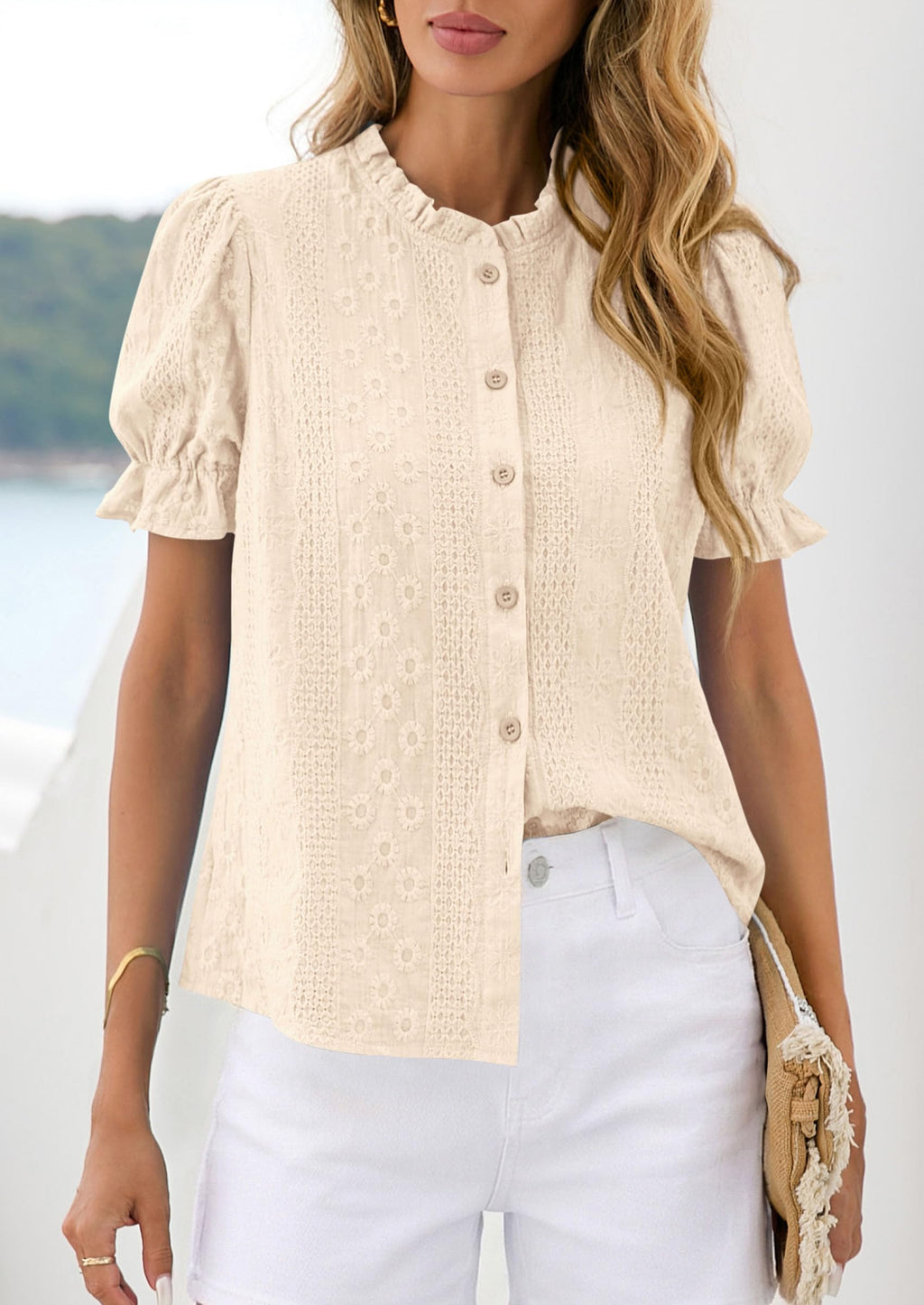 PRETTYGARDEN Womens Puff Short Sleeve Tops  Summer Spring Button Down Boho Embroidered Cute Blouse Dressy Casual Shirts