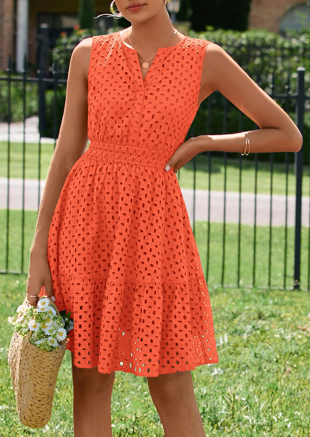 PRETTYGARDEN Women's Summer Dresses Sleeveless V Neck Eyelet Hollow Out Swing A Line Beach Vacation Sun Dress