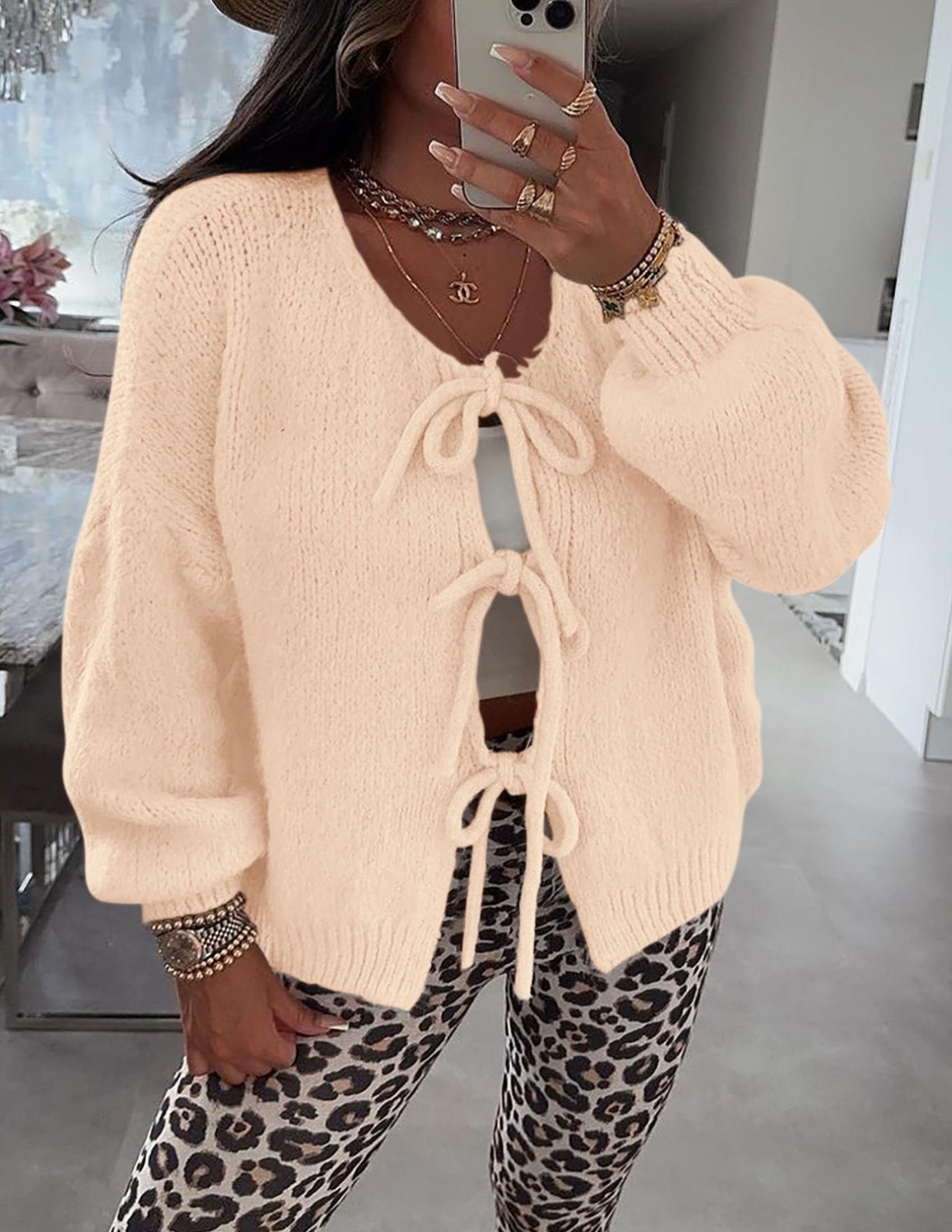 PRETTYGARDEN Women's Tie Front Bow Cardigan Sweaters Chunky Knit Long Puff Sleeve Trendy Fall Winter Jacket Coat