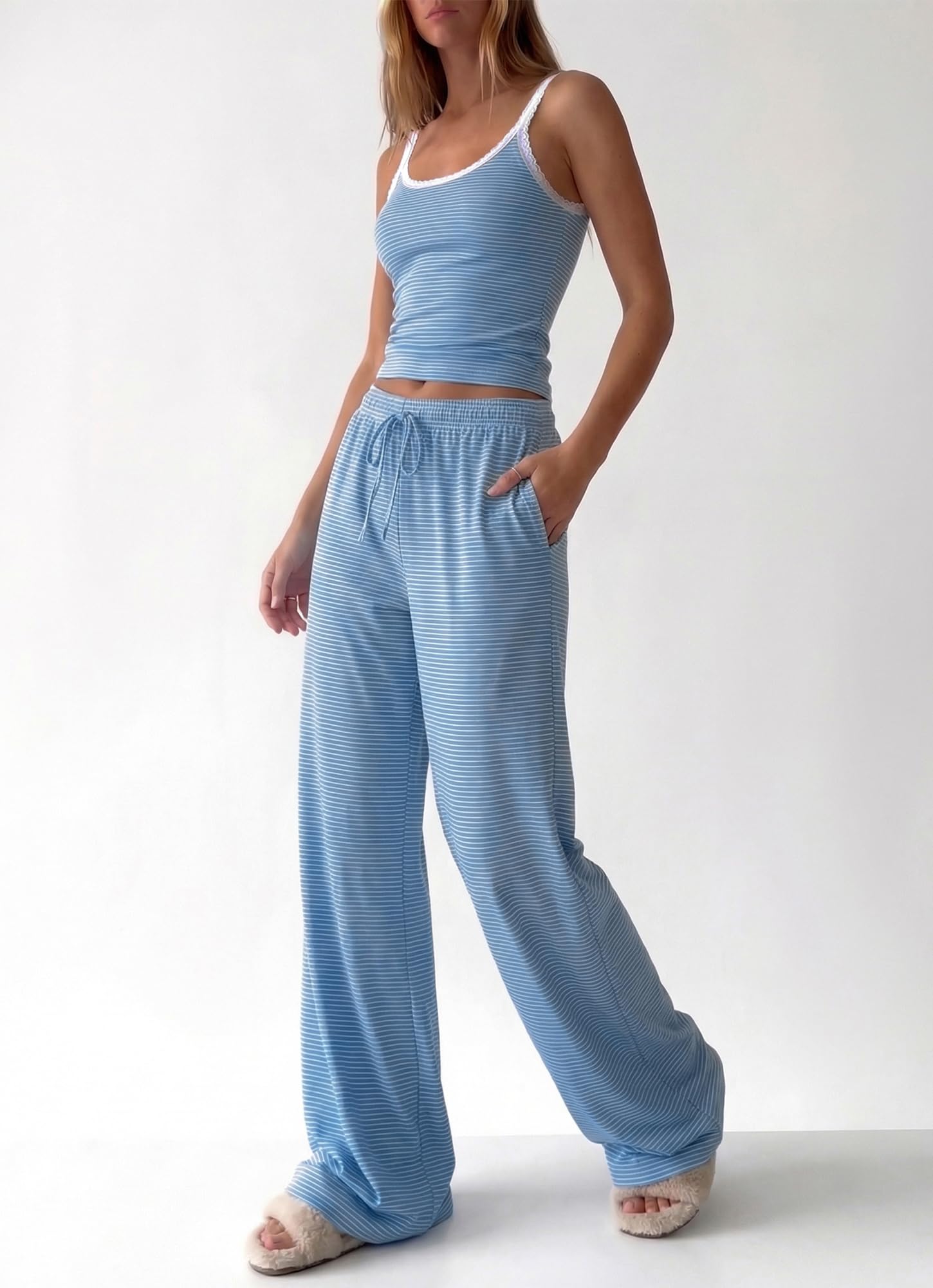 BTFBM Lounge Sets For Women Striped 2 Piece Pajama Sets Spaghetti Strap Tops Wide Leg Pants Beach Vacation Outfits