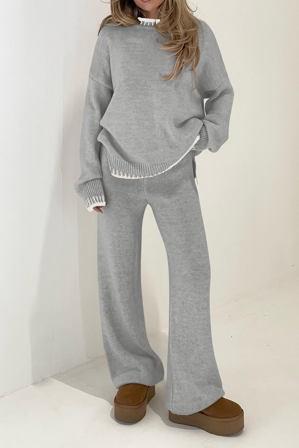 PRETTYGARDEN Women's 2 Piece Knit Sweater Outfit Casual Long Sleeve Pullover Wide Leg Pants Tracksuit Loungewear Set