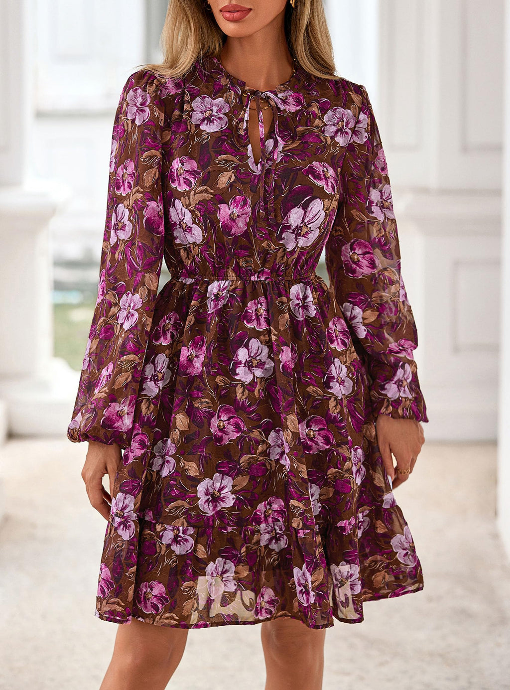 PRETTYGARDEN Women's Fall Boho Dresses  Floral Long Sleeve V Neck Mini Flowy Wedding Guest Dress Trendy Vacation Outfits