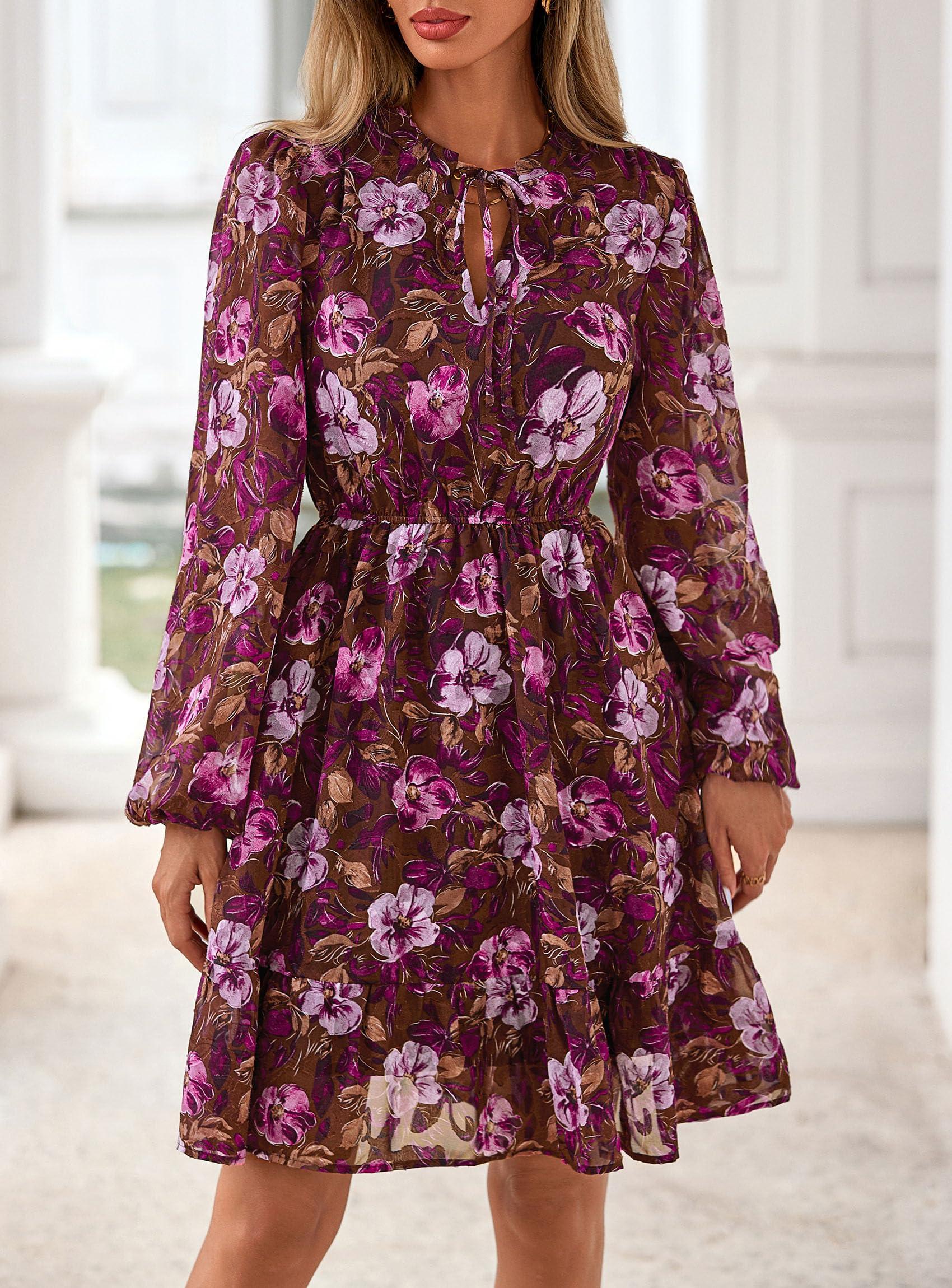PRETTYGARDEN Women's Fall Boho Dresses  Floral Long Sleeve V Neck Mini Flowy Wedding Guest Dress Trendy Vacation Outfits