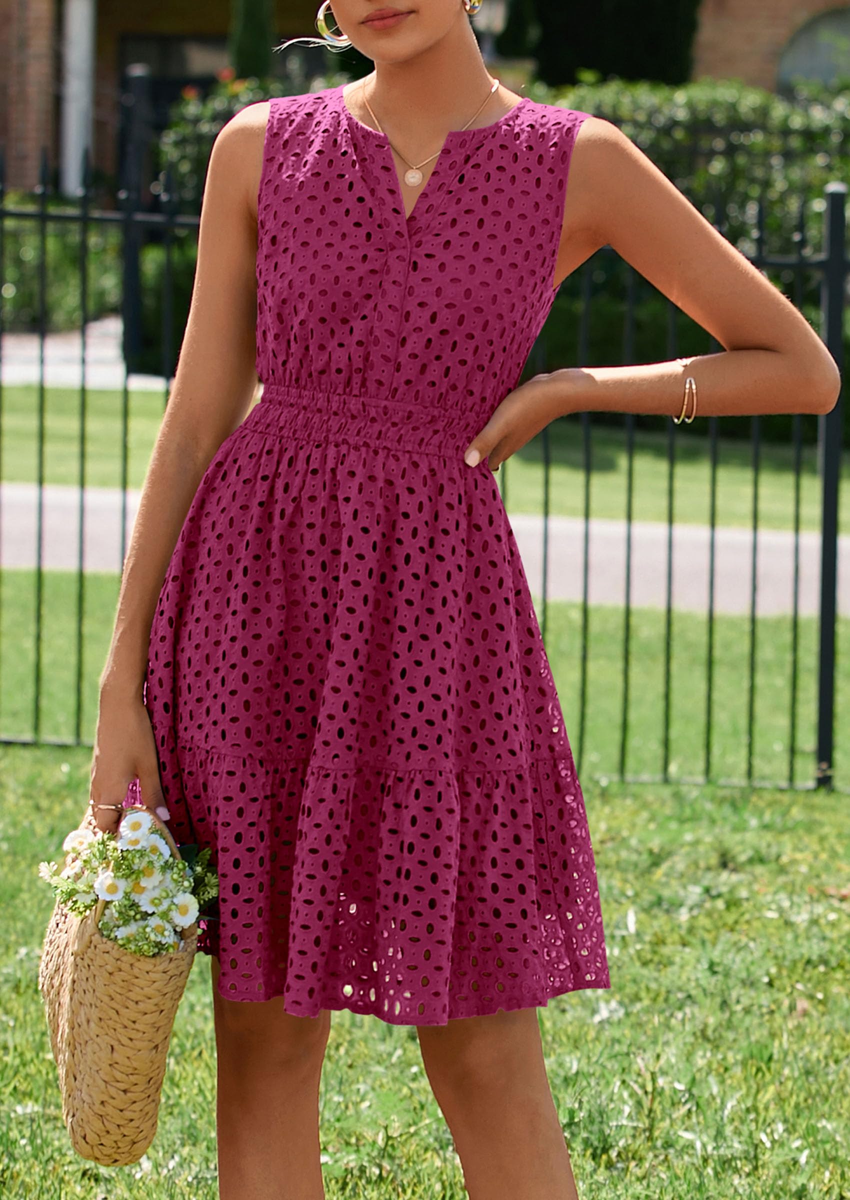 PRETTYGARDEN Women's Summer Dresses Sleeveless V Neck Eyelet Hollow Out Swing A Line Beach Vacation Sun Dress