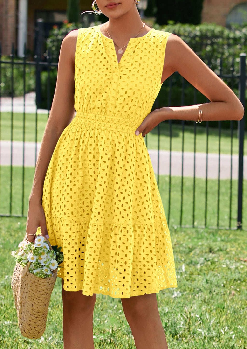 PRETTYGARDEN Women's Summer Dresses Sleeveless V Neck Eyelet Hollow Out Swing A Line Beach Vacation Sun Dress