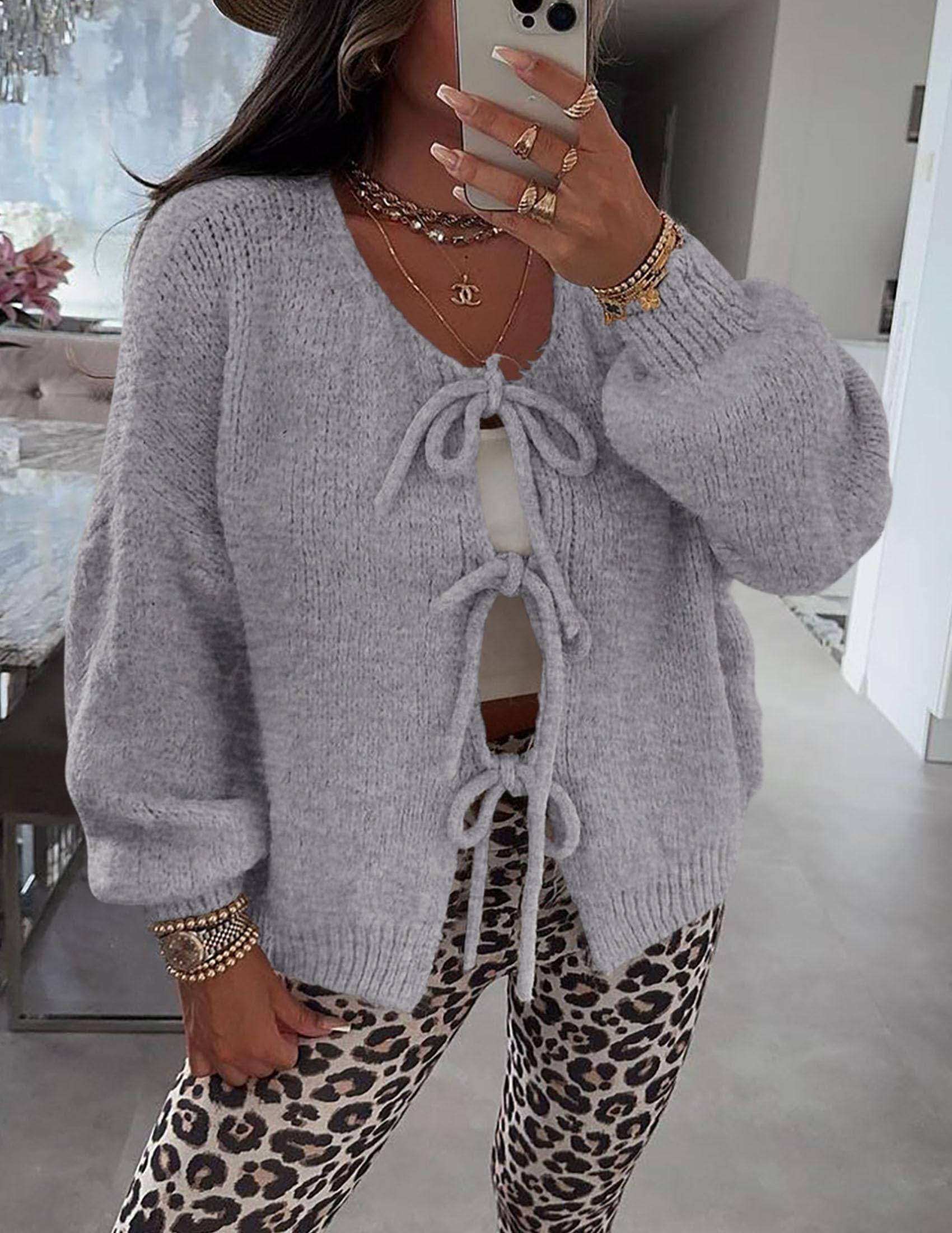 PRETTYGARDEN Women's Tie Front Bow Cardigan Sweaters Chunky Knit Long Puff Sleeve Trendy Fall Winter Jacket Coat