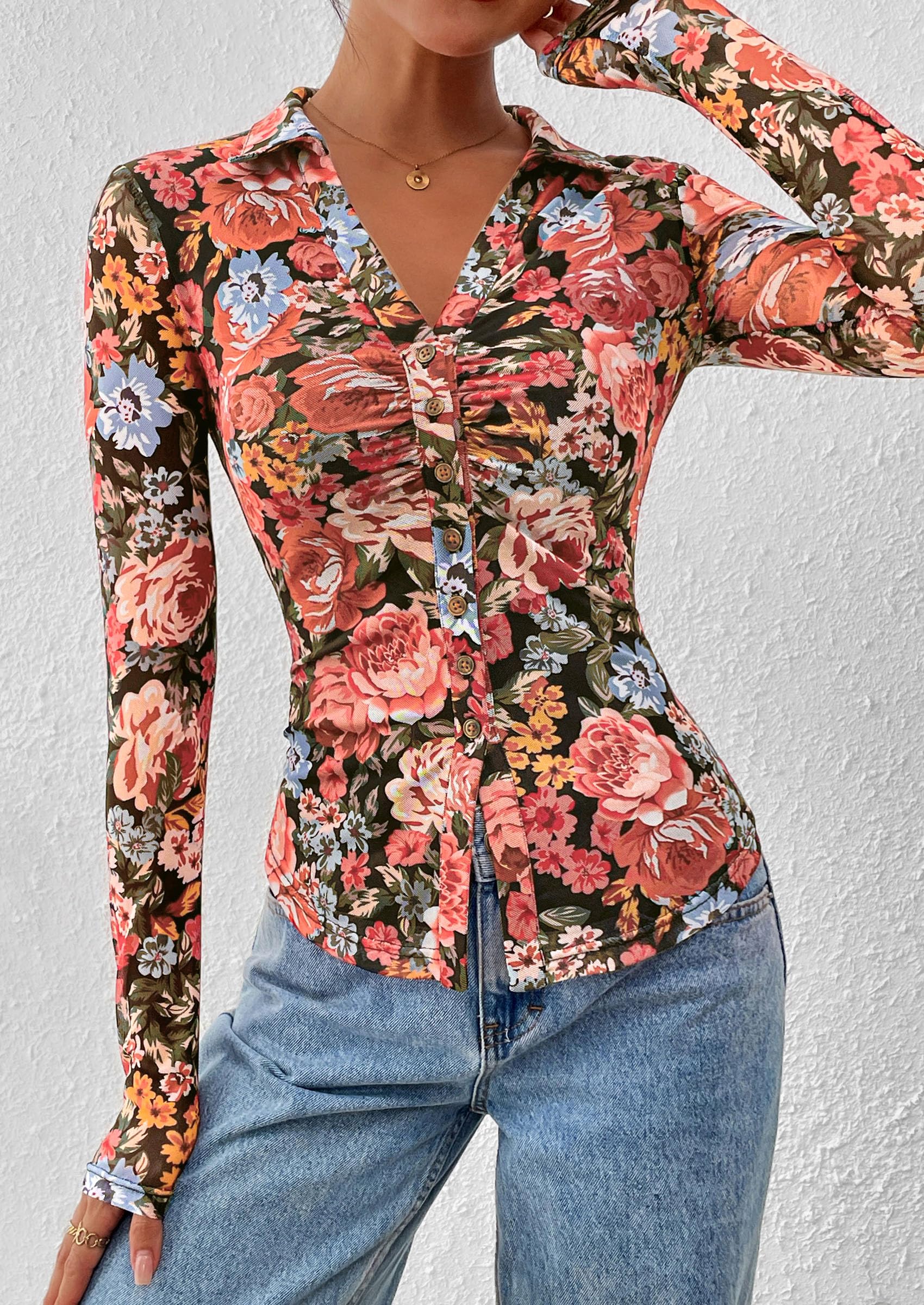 PRETTYGARDEN Women Button Down Floral Shirts Fall Trendy Long Sleeve V Neck Mesh Boho Blouse Spring Tops Date Outfits