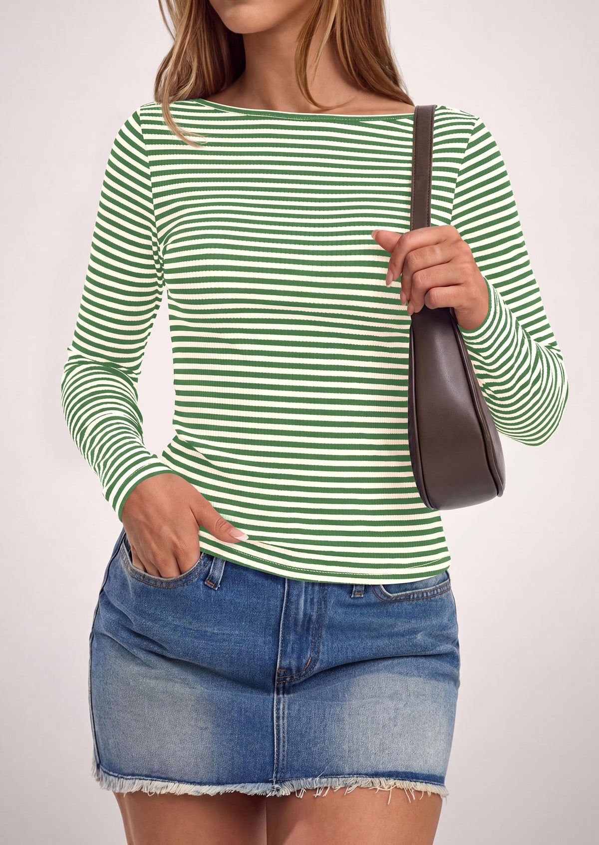 PRETTYGARDEN Long Sleeve Striped Shirts for Women Soft Ribbed Knit ,Y2k Tshirt,Slim Fit Layering,Cute Tops,Basic Tee,Business Casual Outfits,Spring Fall Trendy Clothes