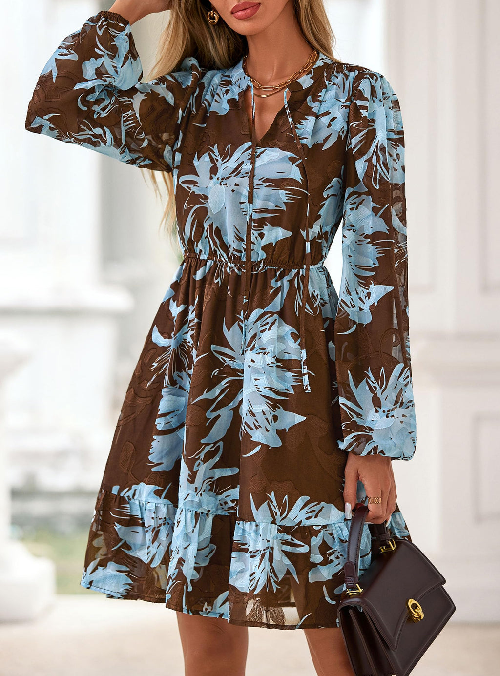 PRETTYGARDEN Women's Fall Boho Dresses  Floral Long Sleeve V Neck Mini Flowy Wedding Guest Dress Trendy Vacation Outfits