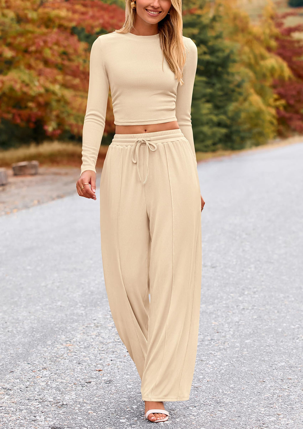 PRETTYGARDEN Women's 2 Piece Loungewear Long Sleeve Crop Top Wide Leg Palazzo Pants Set Tracksuits Casual Outfit