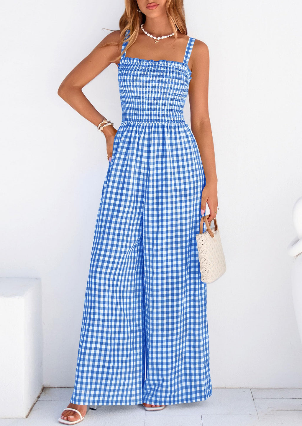 PRETTYGARDEN One Piece Jumpsuits for Women Casual Summer Cruise Outfits  Spring Fashion Smocked Wide Leg Gingham Rompers