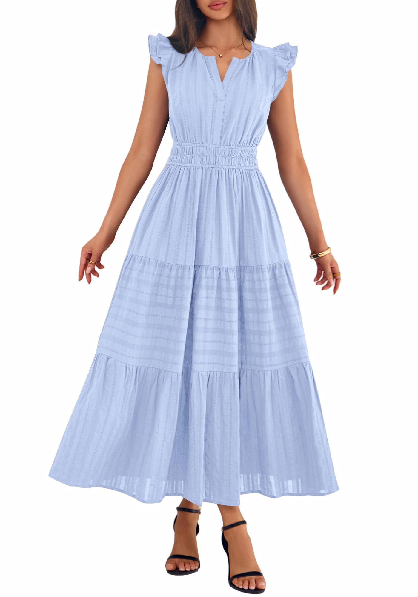 BTFBM Womens Summer Maxi Dress  Spring Boho Vacation Ruffle Flutter Short Sleeve A Line Tiered Flowy Dresses Pockets