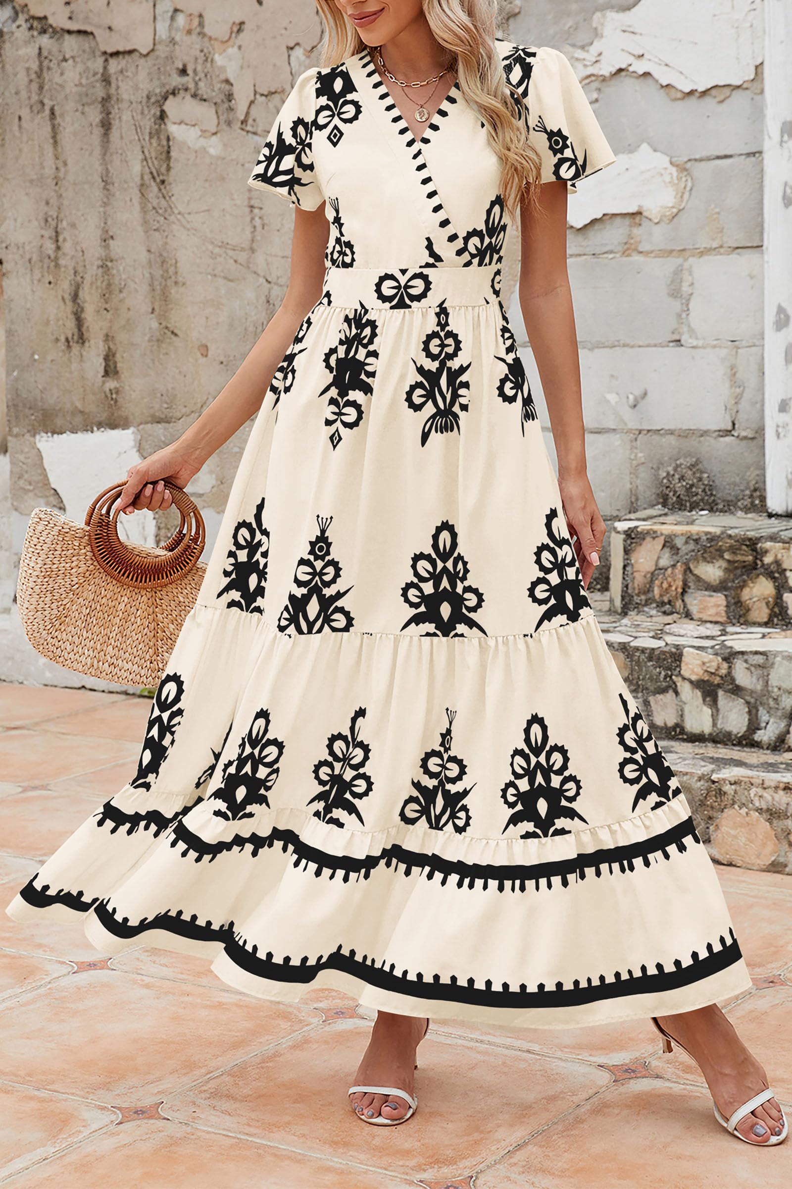 PRETTYGARDEN Womens Summer Casual V Neck Boho Maxi Dress Flowy Aline Bell Sleeve Tiered Floral Dresses with Pocket