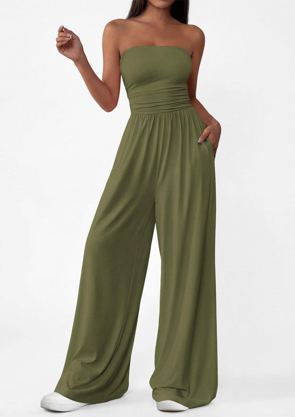PRETTYGARDEN Womens Trendy Strapless Rompers Ruched Tube Top Wide Leg One Piece Jumpsuits Beach Vacation Summer Outfits