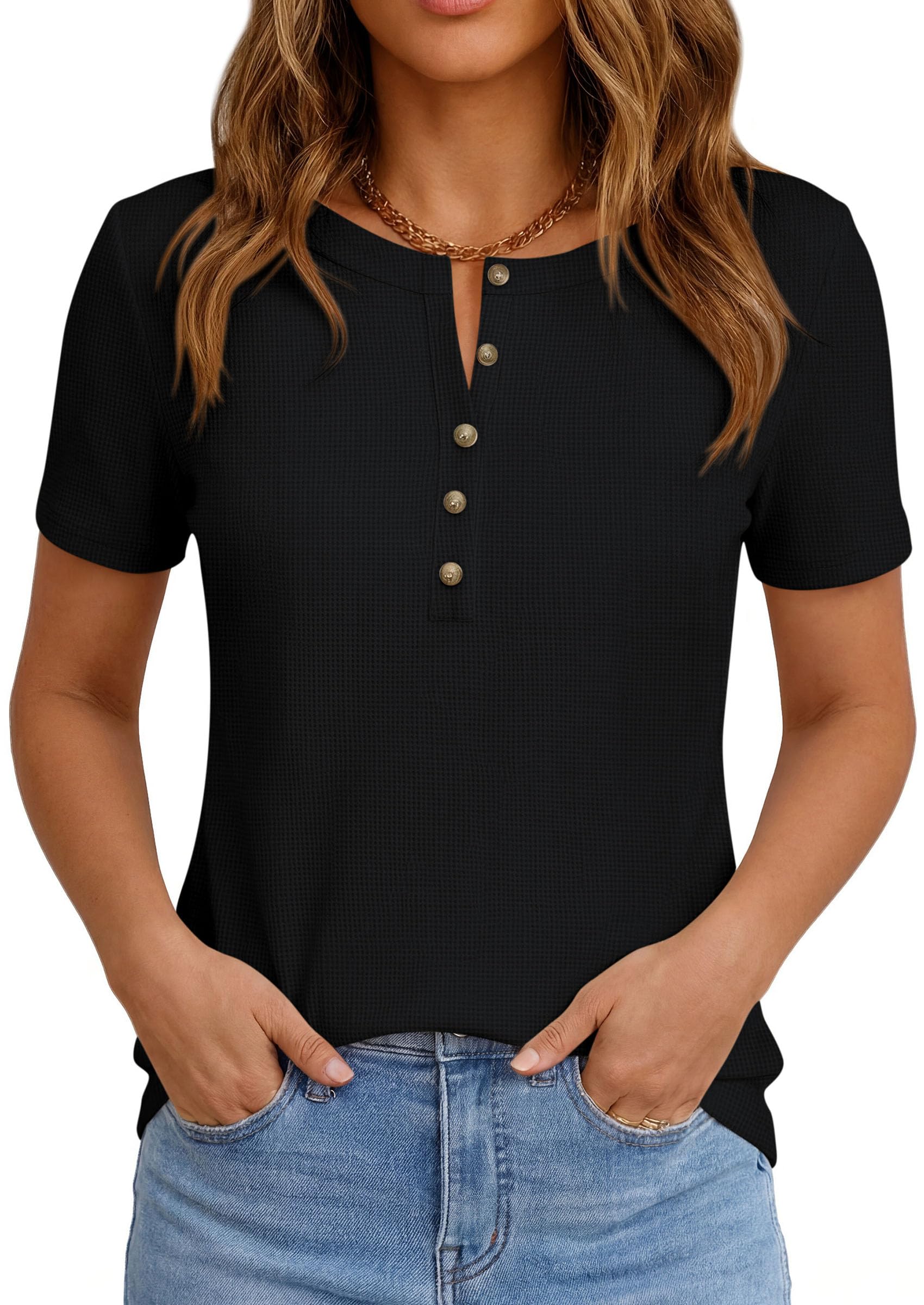 PRETTYGARDEN Waffle Knit Tops for Women Short Sleeve Henley Shirts  Summer Blouses Dressy Casual Spring Fashion Clothes