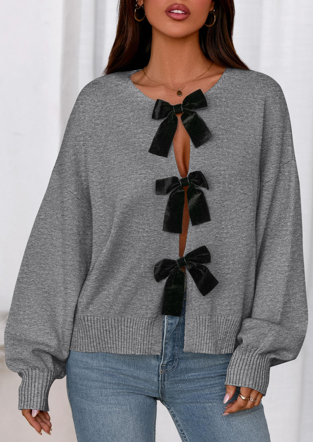 PRETTYGARDEN Cardigan Sweaters for Women Fall Fashion Bow Tie Front Long Sleeve Knit Sweater Tops Cute Winter Clothes