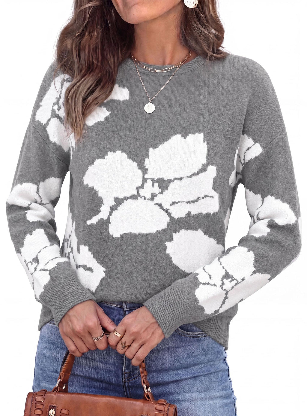 PRETTYGARDEN Womens Floral Sweater Crewneck Printed Pullover Tops,Soft Slouchy Knit Sweater,Casual Long Sleeve,Fall Fashion,Cute Winter Clothes,Work Office Travel Vacation Outfits