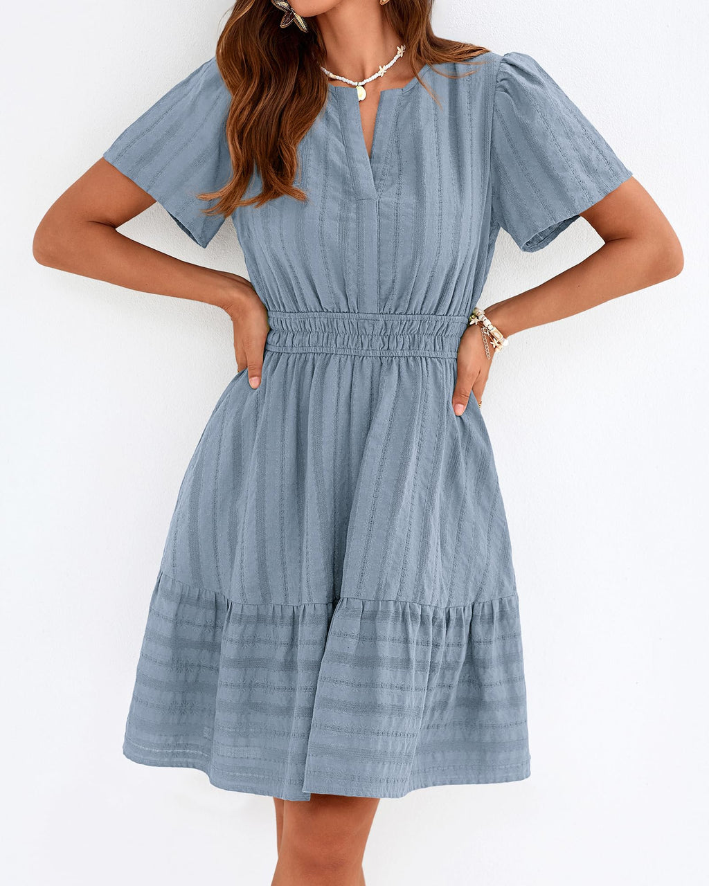 BTFBM Womens Spring  Casual Mini Dresses Lightweight Short Sleeve V Neck Elastic Waist Cute Boho Beach Dress Pockets