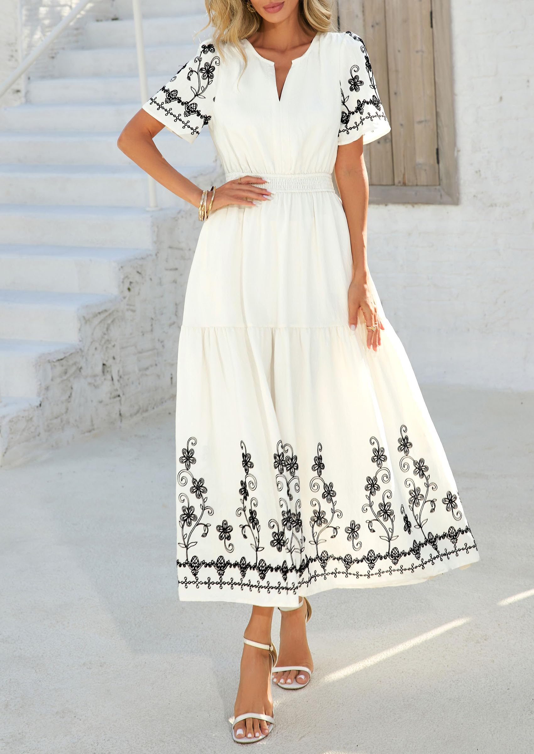 PRETTYGARDEN Women's Summer Boho Maxi Dress Spring Floral Short Sleeve V Neck A Line Flowy Beach Wedding Guest Dresses