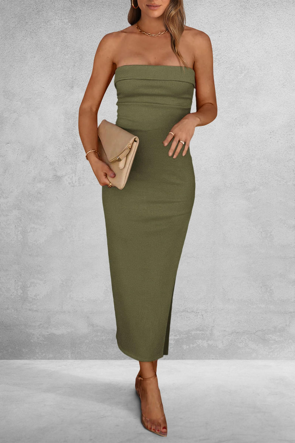 PRETTYGARDEN Women's Summer Bodycon Maxi Tube Dress Ribbed Strapless Side Slit Long Going Out Casual Elegant Party Dresses