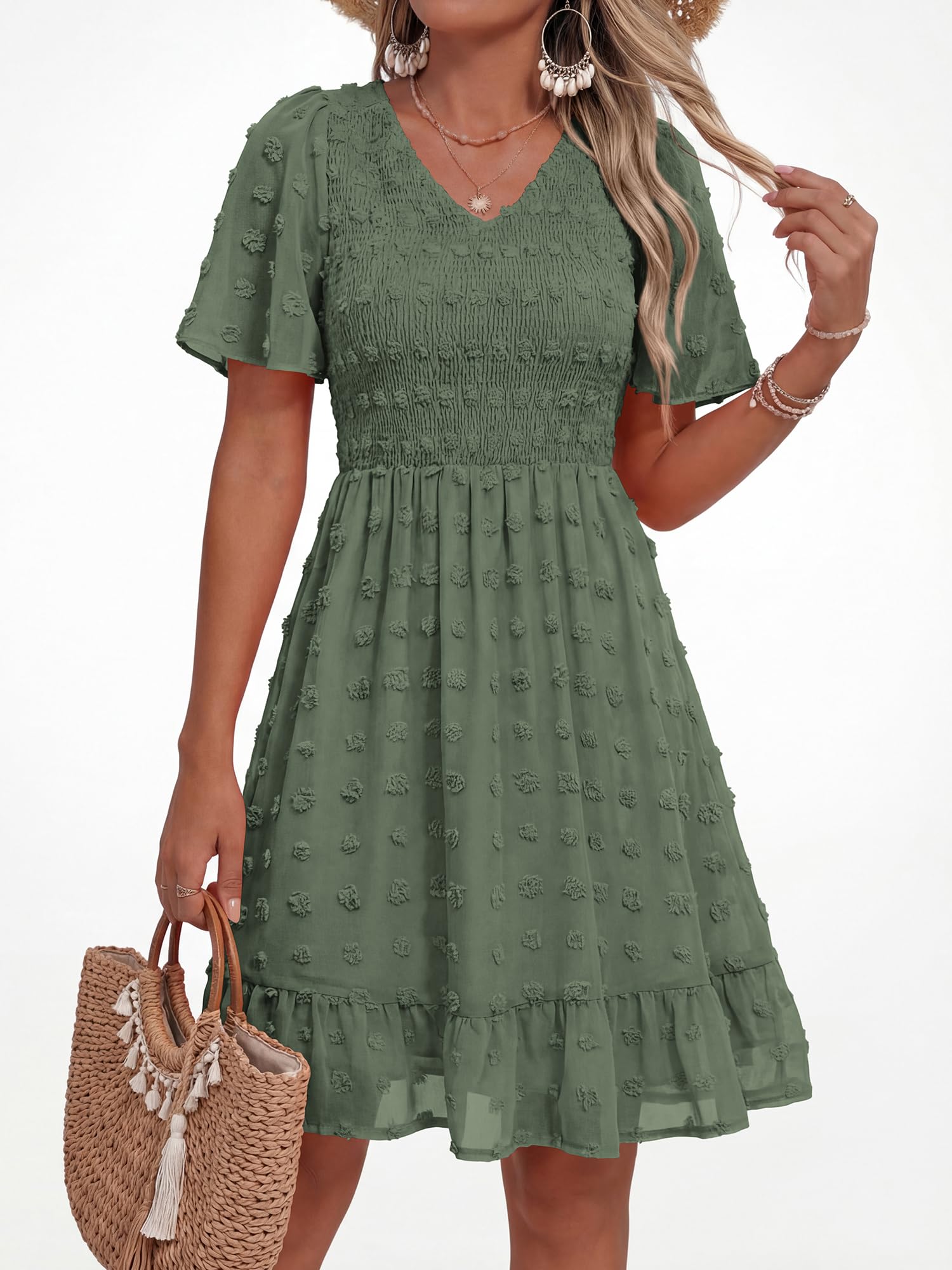 FreshPretty Womens Beach Vacation Dress Summer V Neck Short Sleeve Smocked Swiss Dot Ruffle Casual Mini Spring Dresses