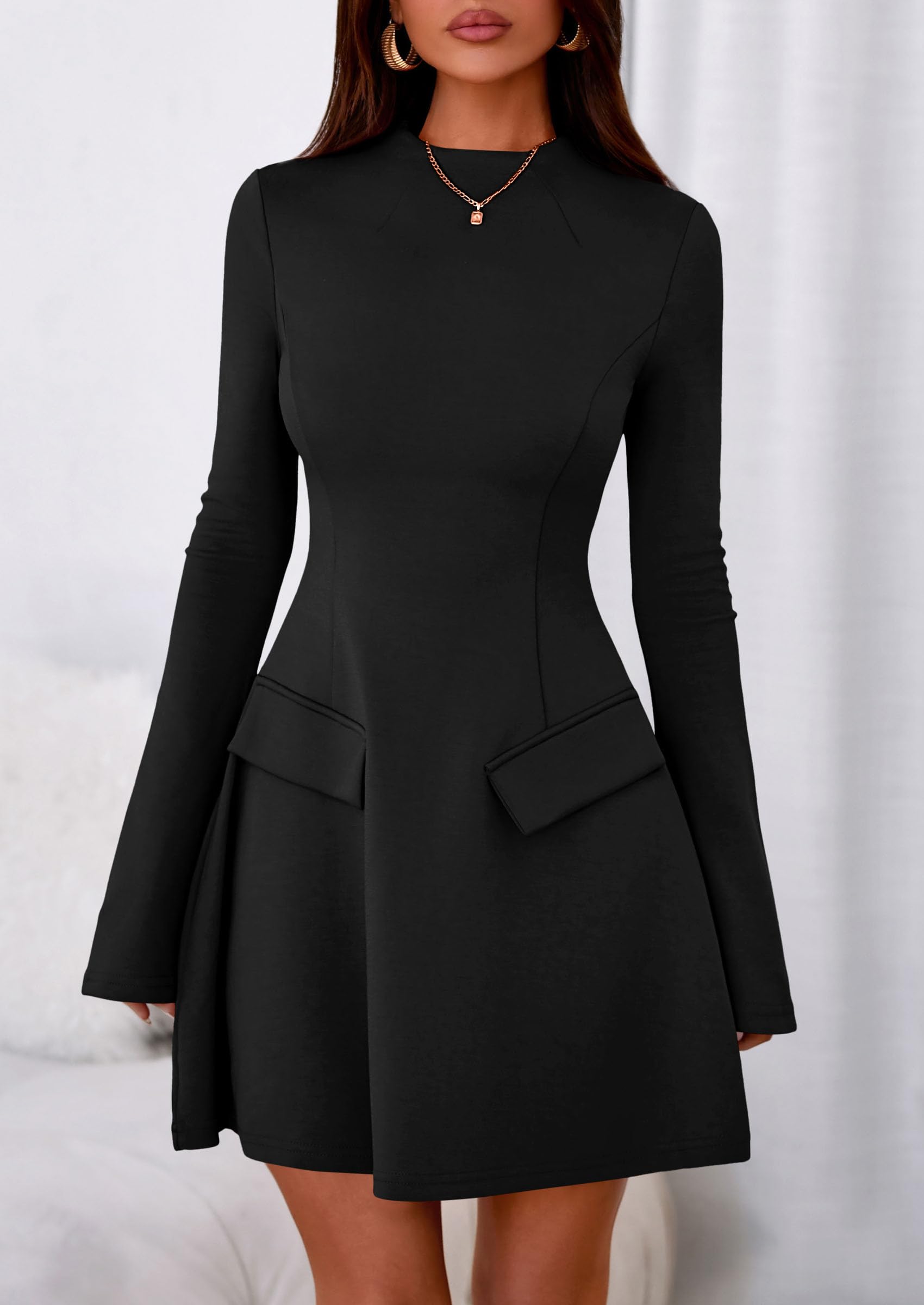 PRETTYGARDEN Women's Elegant Holiday Short Dress  Fall Bell Long Sleeve Mock Neck Work Business Casual Party Mini Dress