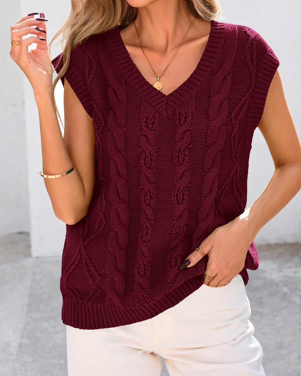FreshPretty Sweater Vest Women Oversized V Neck Cable Knit Casual Pullover Sweaters Fall Outfits Sleeveless Tops