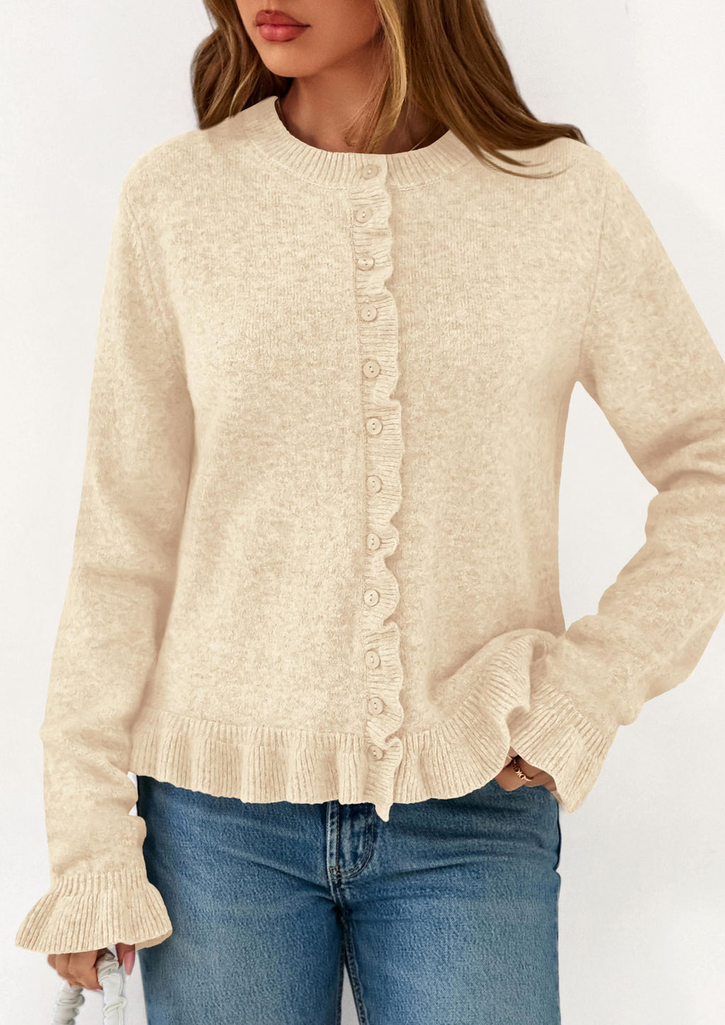 PRETTYGARDEN Womens Fall Button Down Cardigans Chunky Knit Ruffle Open Front Cropped Cardigan Sweaters Soft Long Sleeve Tops