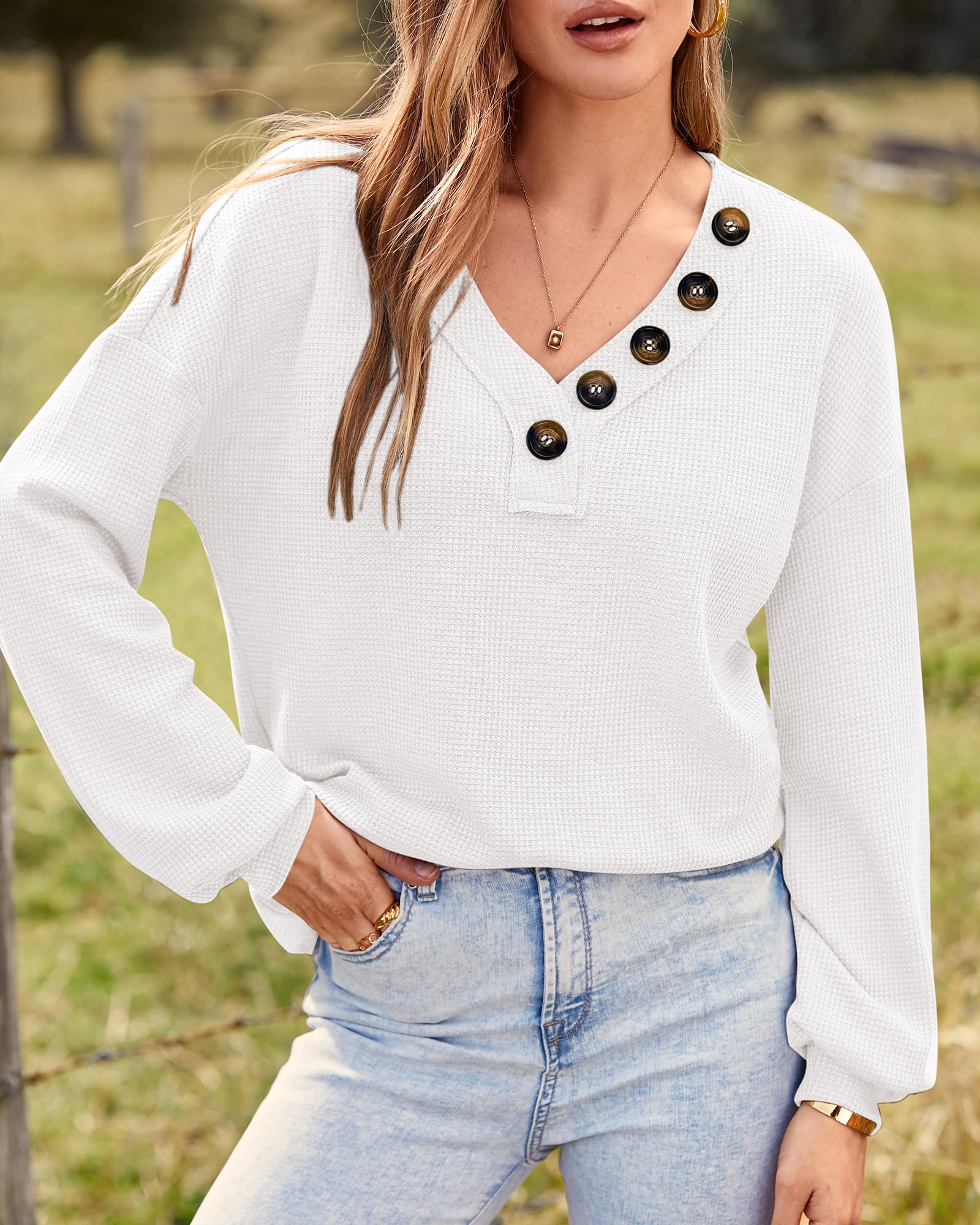 FreshPretty Womens Fall Fashion Long Sleeve Shirts Spring V Neck Loose Casual Deco Button Lightweight Waffle Knit Tops