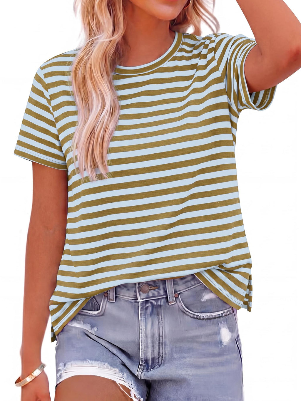 BTFBM Tops for Women Trendy Summer Crew Neck Short Sleeve T Shirts Striped Casual Vacation Blouse Basic Tee