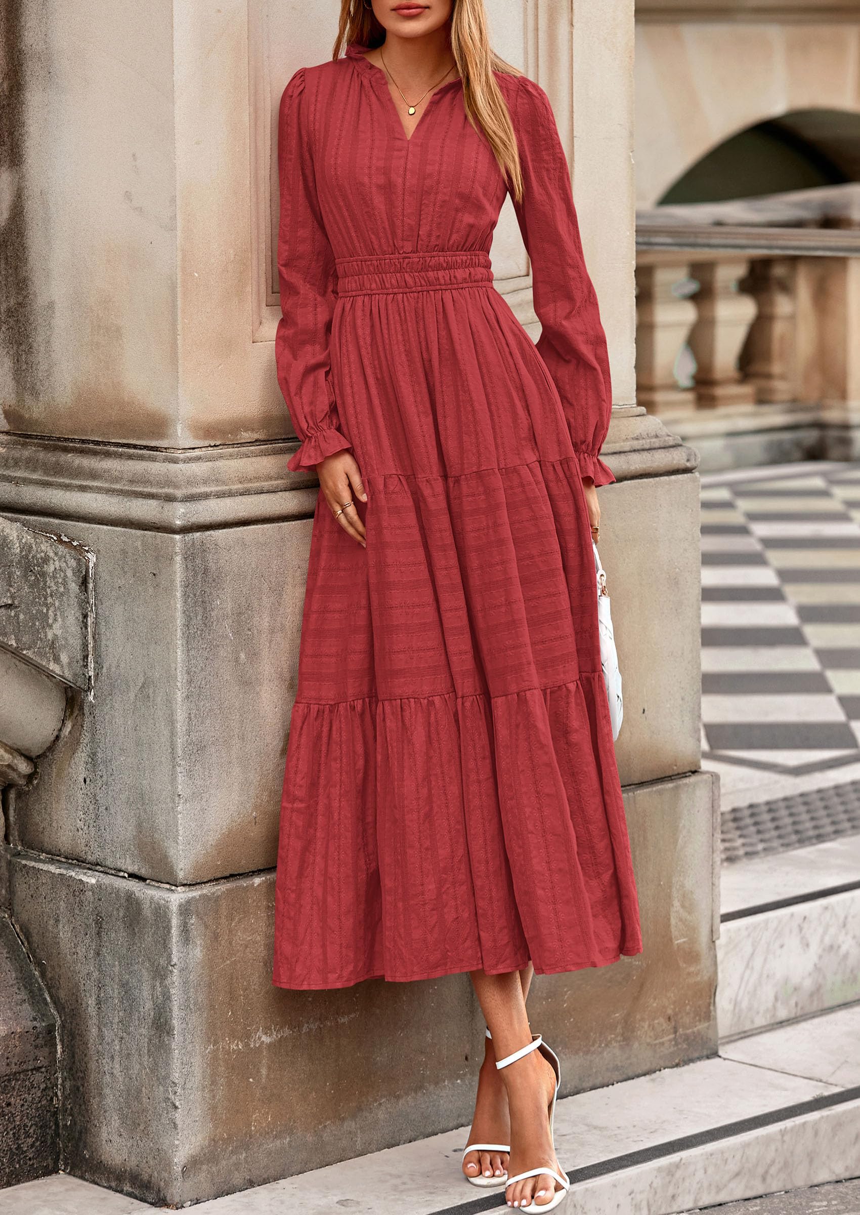 PRETTYGARDEN Women's Fall Wedding Guest Dresses Long Sleeve V Neck Flowy Elegant Holiday Party Maxi Dress with Pockets