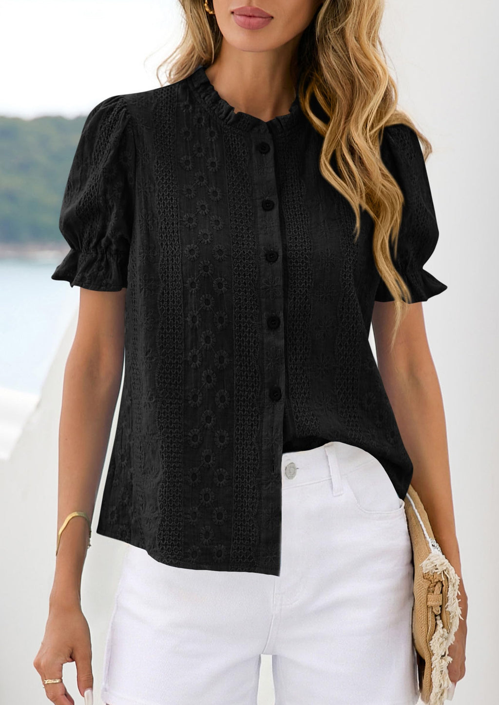 PRETTYGARDEN Womens Puff Short Sleeve Tops  Summer Spring Button Down Boho Embroidered Cute Blouse Dressy Casual Shirts