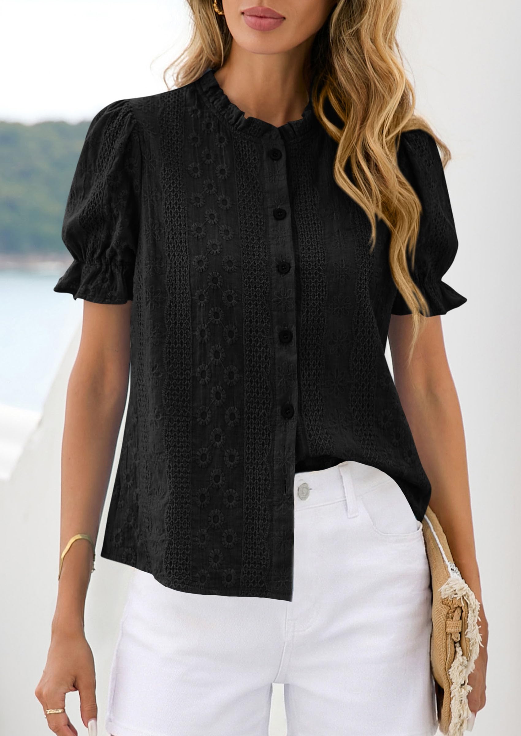 PRETTYGARDEN Womens Puff Short Sleeve Tops  Summer Spring Button Down Boho Embroidered Cute Blouse Dressy Casual Shirts