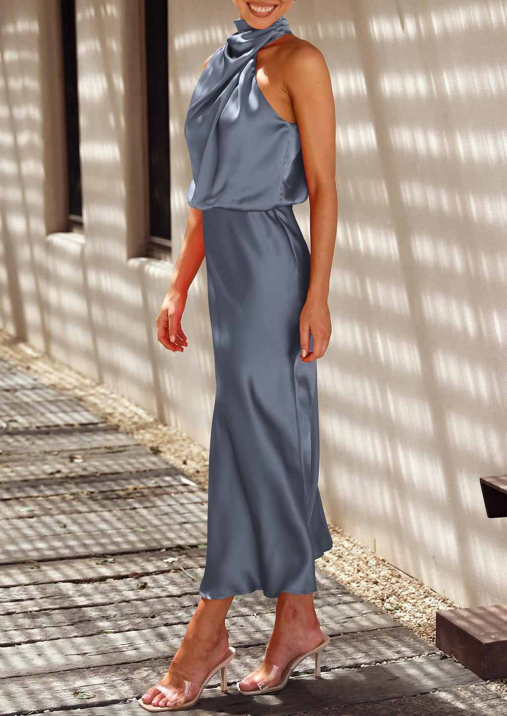 PRETTYGARDEN Women's Summer Satin Dress Elegant Sleeveless Mock Neck Cocktail Party Maxi Dresses