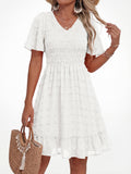 FreshPretty Womens Beach Vacation Dress Summer V Neck Short Sleeve Smocked Swiss Dot Ruffle Casual Mini Spring Dresses