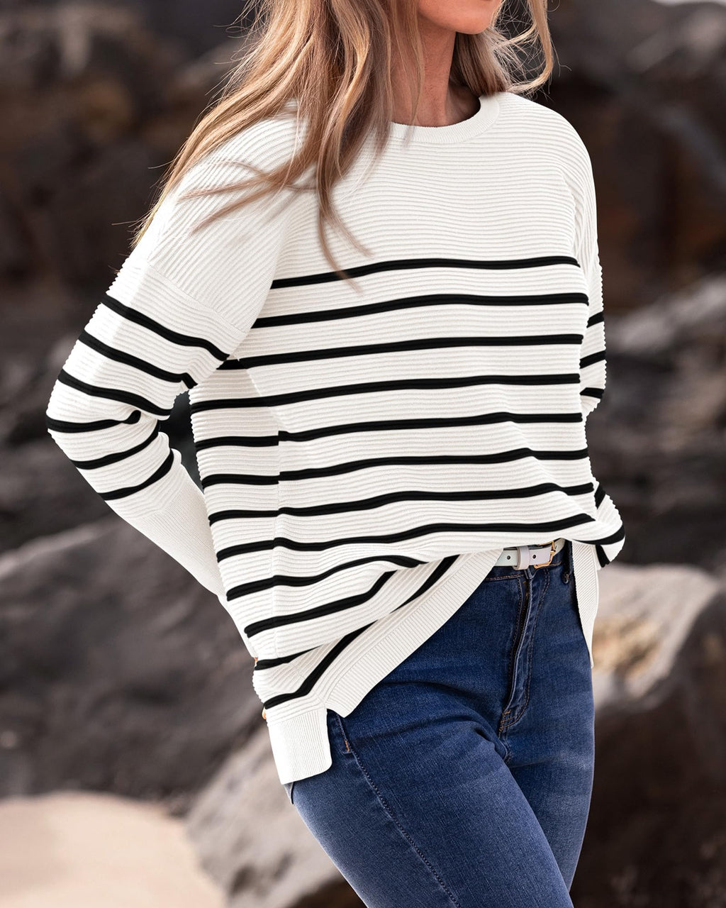 FreshPrettyFall Sweaters for Women Casual Long Sleeve Sweater Striped Loose Fit Pullover Tops