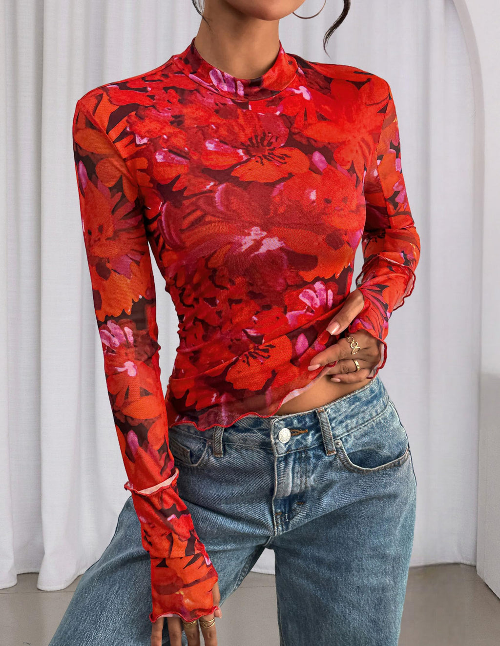 PRETTYGARDEN Womens Fall Mesh Floral Blouses Long Sleeve Going Out Tops Slim Fitted Shirts Date Night Outfits