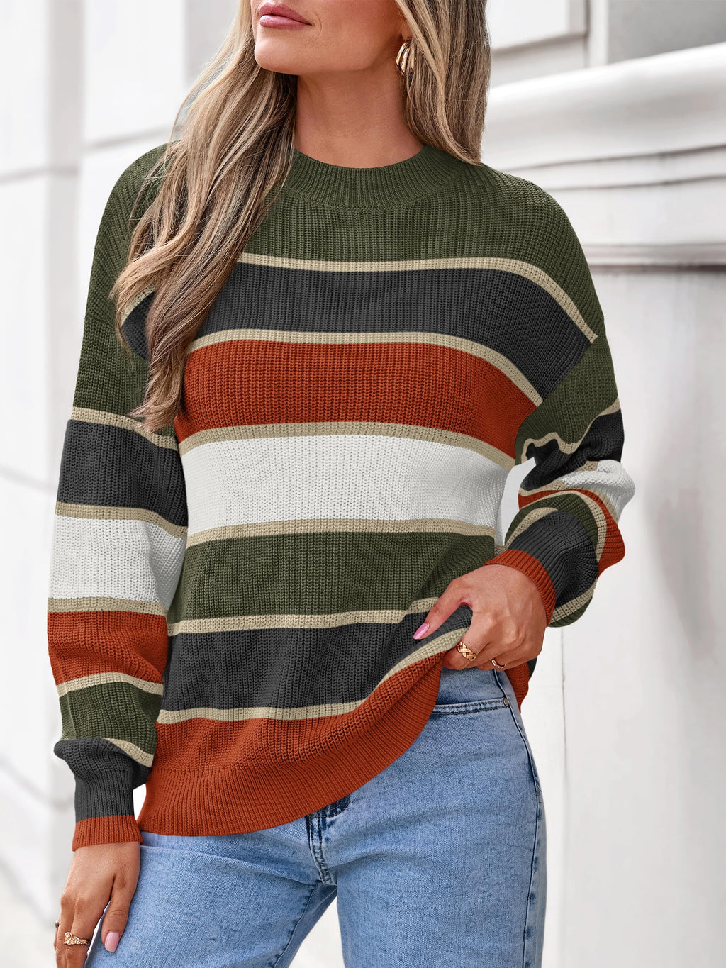 FreshPretty Womens Striped Sweater Oversized Casual Cute Long Sleeve Fall Tops,Crewneck,Color Block, Cozy Chunky Knit Tops,Fall Pullover Sweaters Trendy,Winter Fashion Clothes
