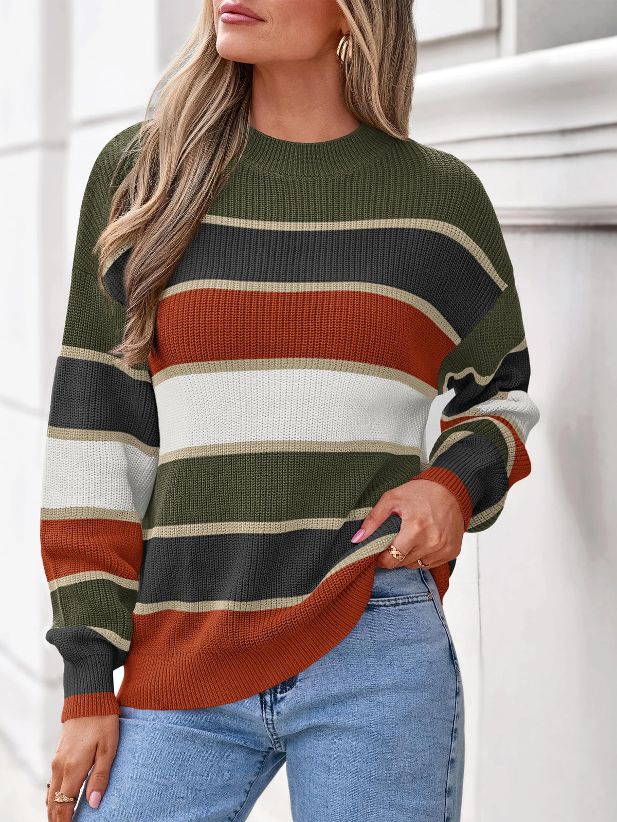 FreshPretty Womens Striped Sweater Oversized Casual Cute Long Sleeve Fall Tops,Crewneck,Color Block, Cozy Chunky Knit Tops,Fall Pullover Sweaters Trendy,Winter Fashion Clothes