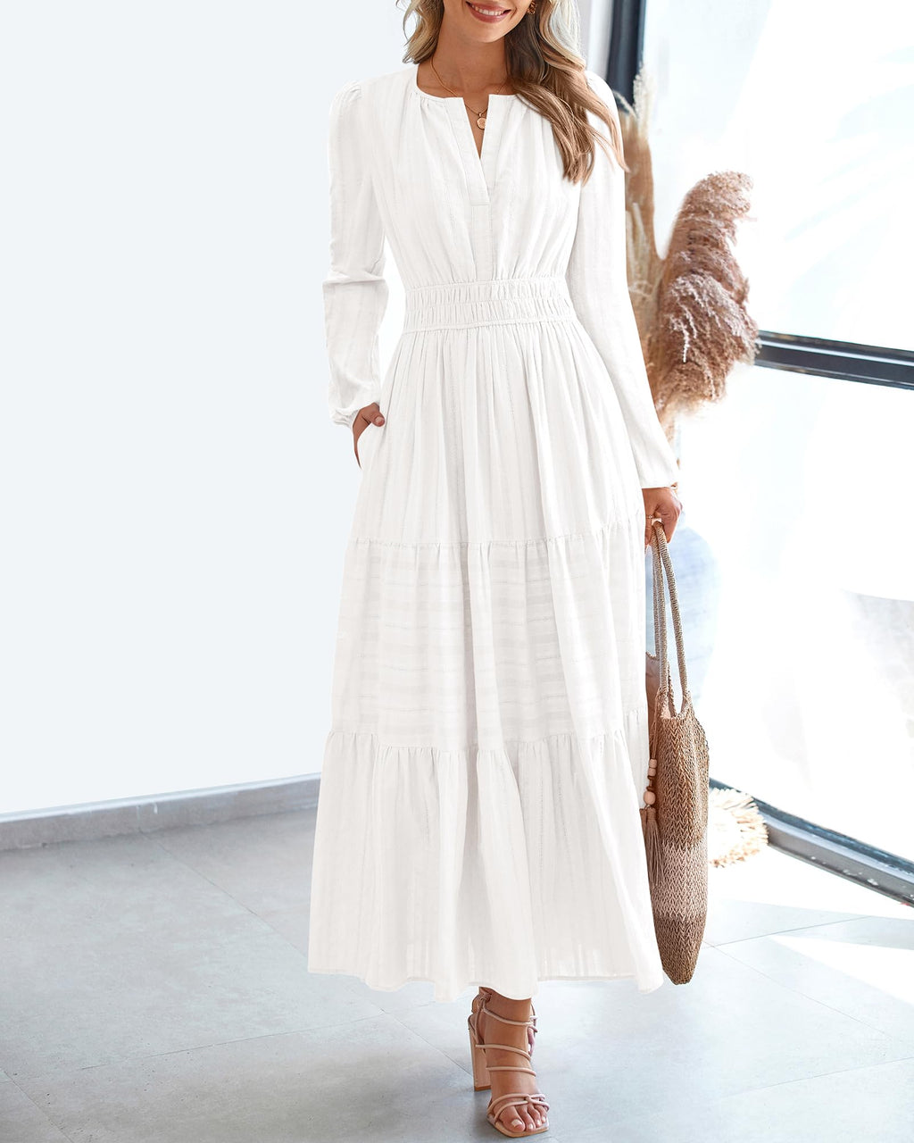 FreshPretty Fall Dresses for Women Casual Long Sleeve V Neck Elastic Waist Lightweight Maxi Wedding Guest Dress Pockets