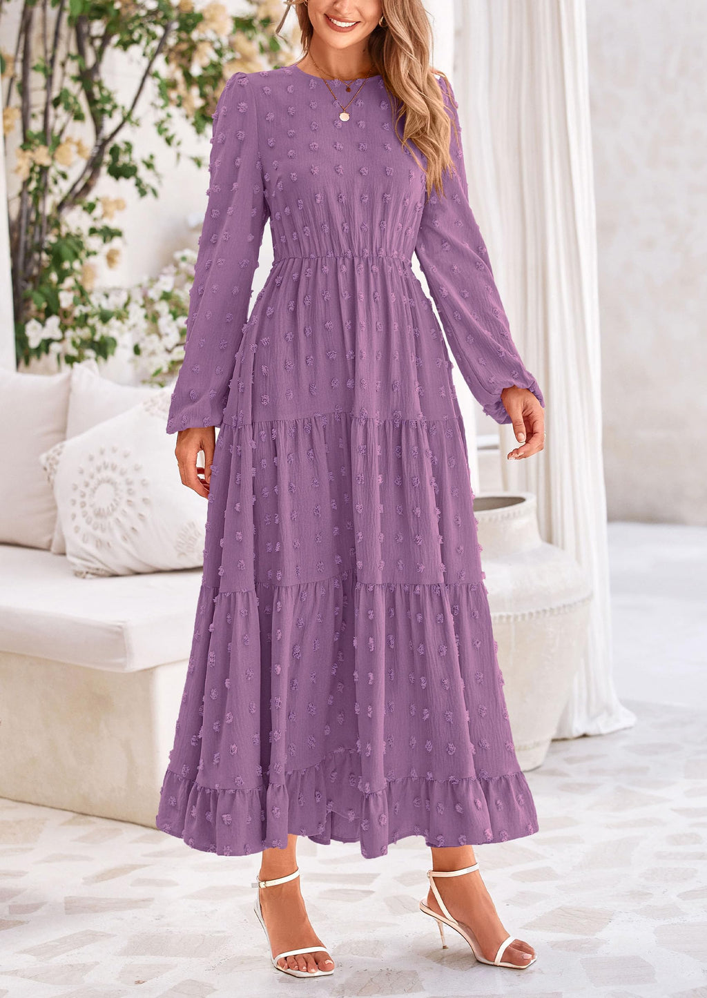 PRETTYGARDEN Women's Fall Spring Elegant Long Sleeve Maxi Dress Swiss Dot A Line Flowy Casual Holiday Party Going Out Dresses