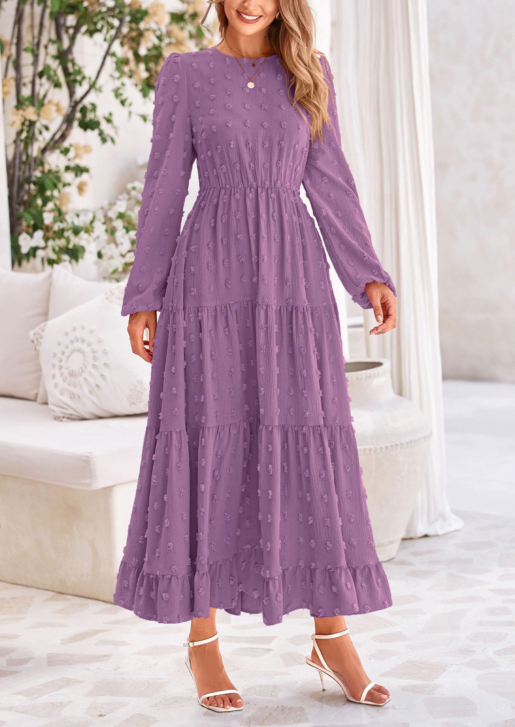 PRETTYGARDEN Women's Fall Spring Elegant Long Sleeve Maxi Dress Swiss Dot A Line Flowy Casual Holiday Party Going Out Dresses