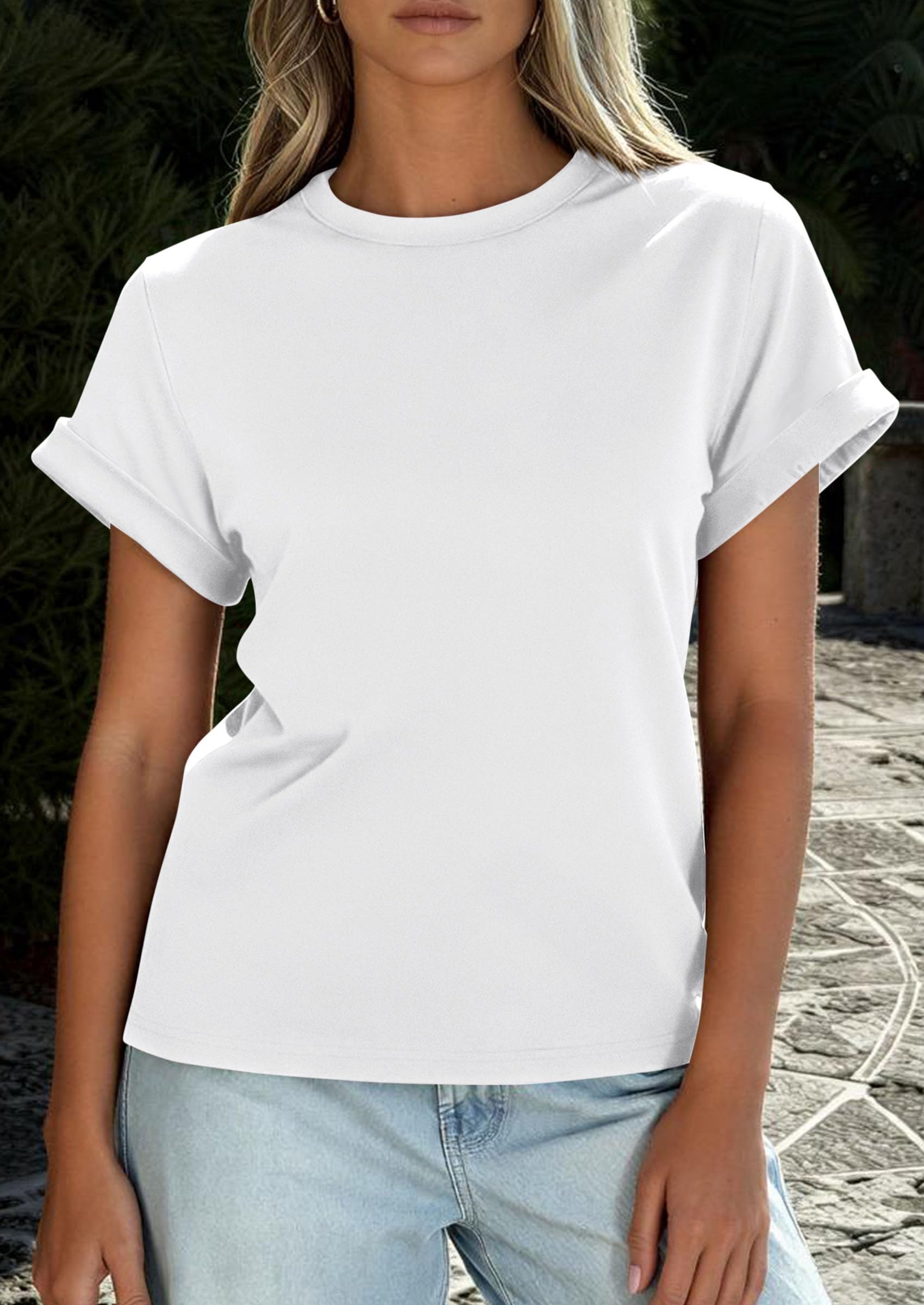 PRETTYGARDEN Womens Summer Tops Spring Casual Rolled Short Sleeve Basic Tees Crew Neck Work Shirts Fashion Clothing
