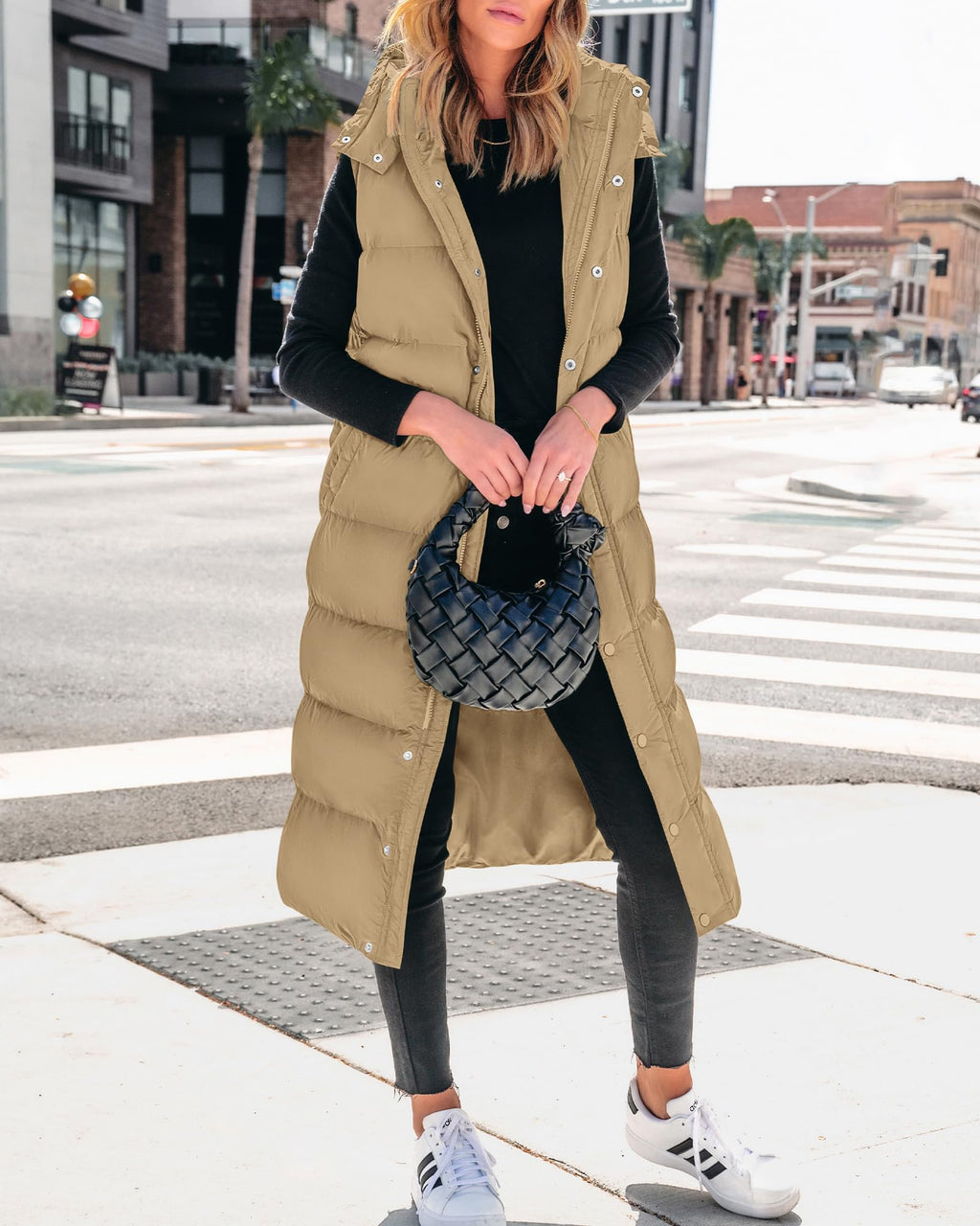 FreshPretty Long Puffer Vest Women Quilted Hooded Button Down Zip Up Sleeveless Vests Outerwear Padded Jacket Fall Winter Coat