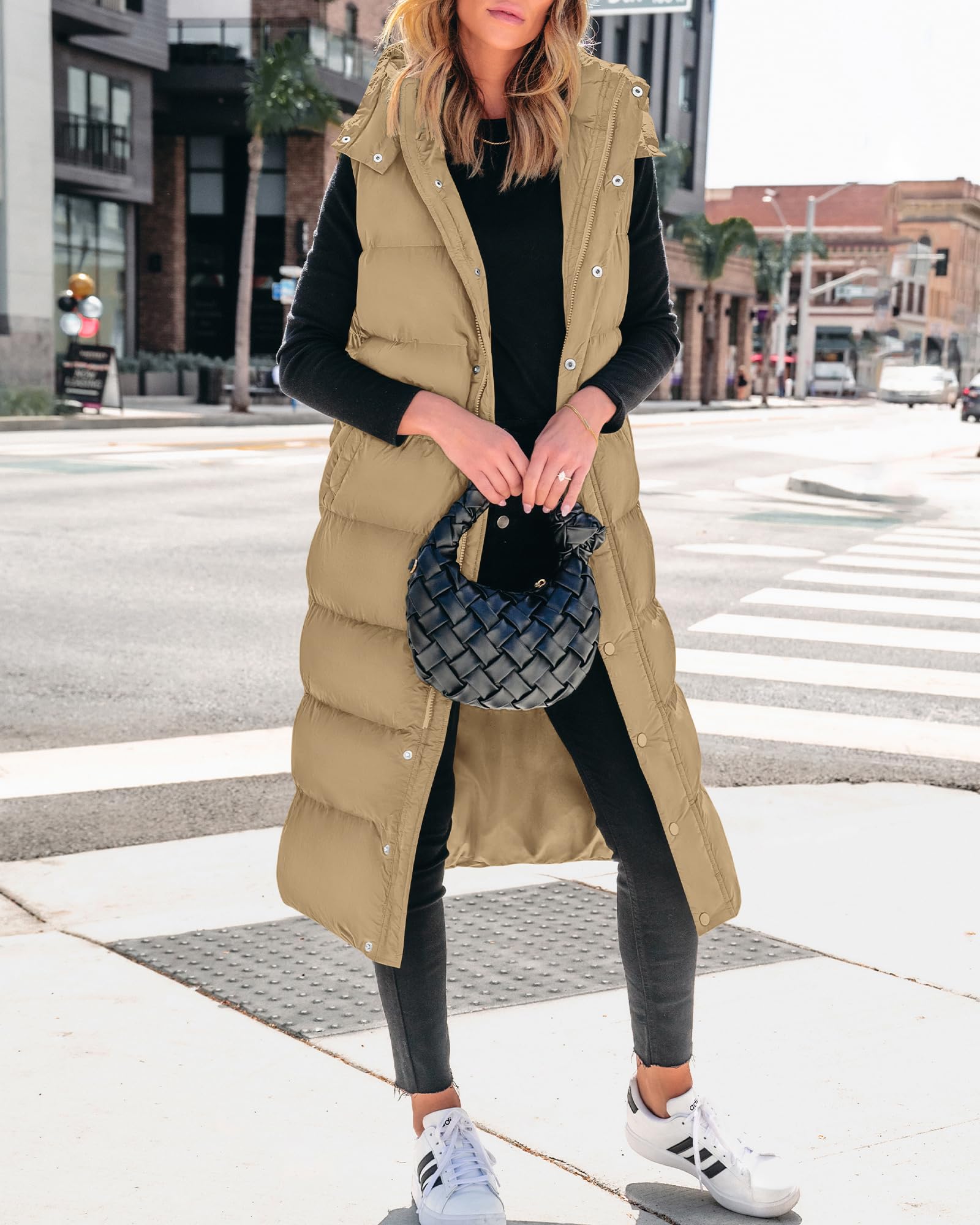 FreshPretty Long Puffer Vest Women Quilted Hooded Button Down Zip Up Sleeveless Vests Outerwear Padded Jacket Fall Winter Coat