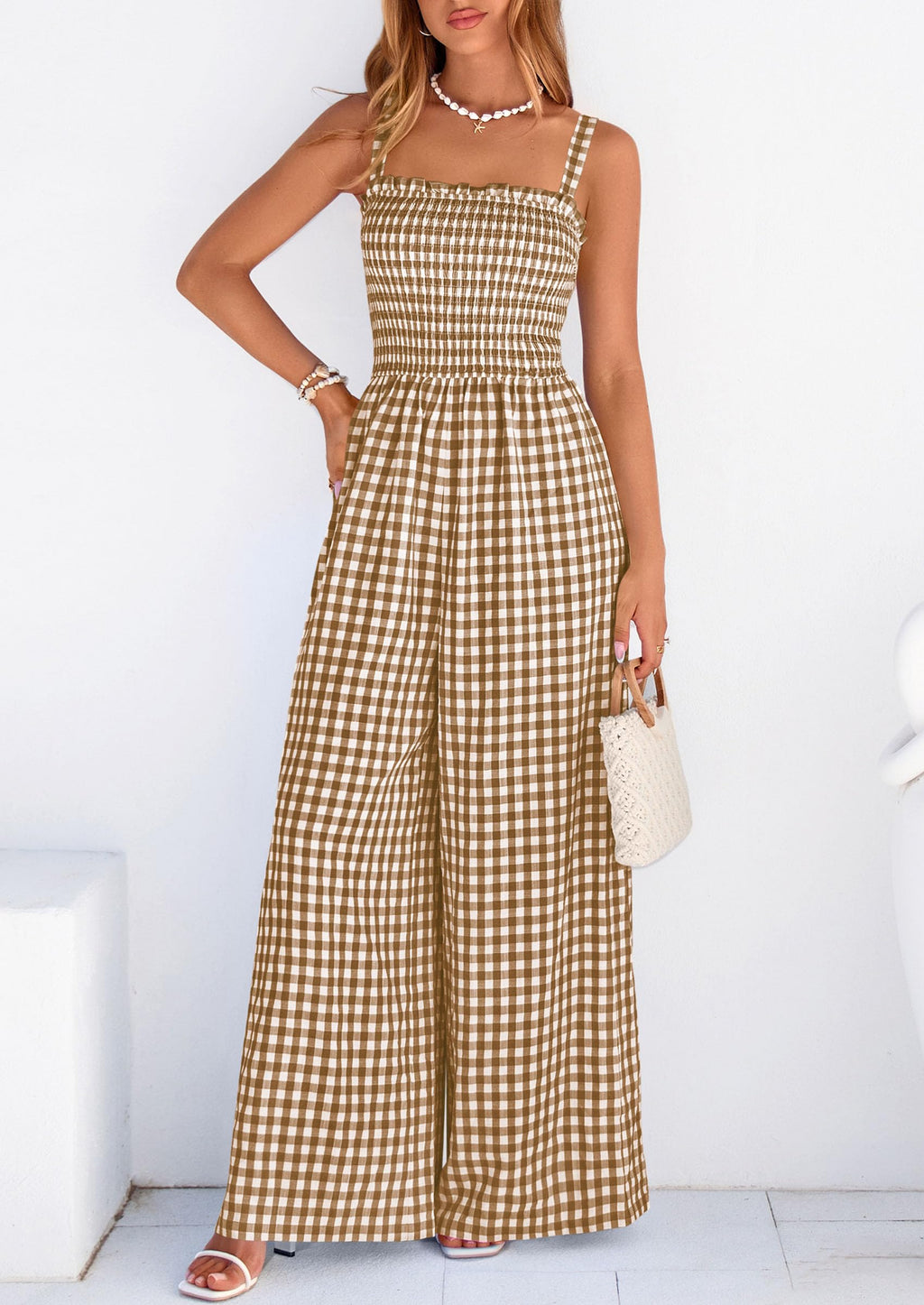 PRETTYGARDEN One Piece Jumpsuits for Women Casual Summer Cruise Outfits  Spring Fashion Smocked Wide Leg Gingham Rompers