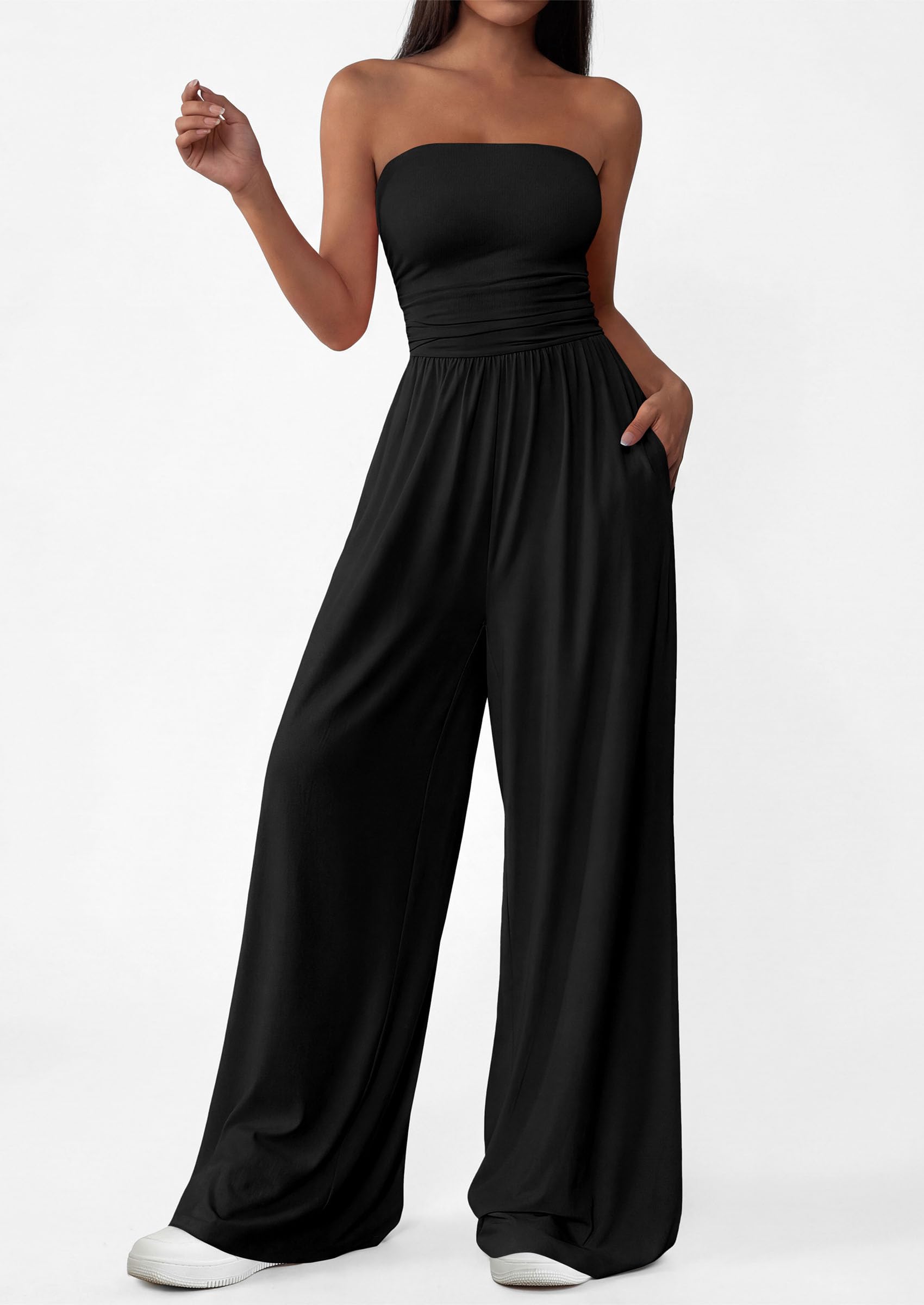 PRETTYGARDEN Womens Trendy Strapless Rompers Ruched Tube Top Wide Leg One Piece Jumpsuits Beach Vacation Summer Outfits