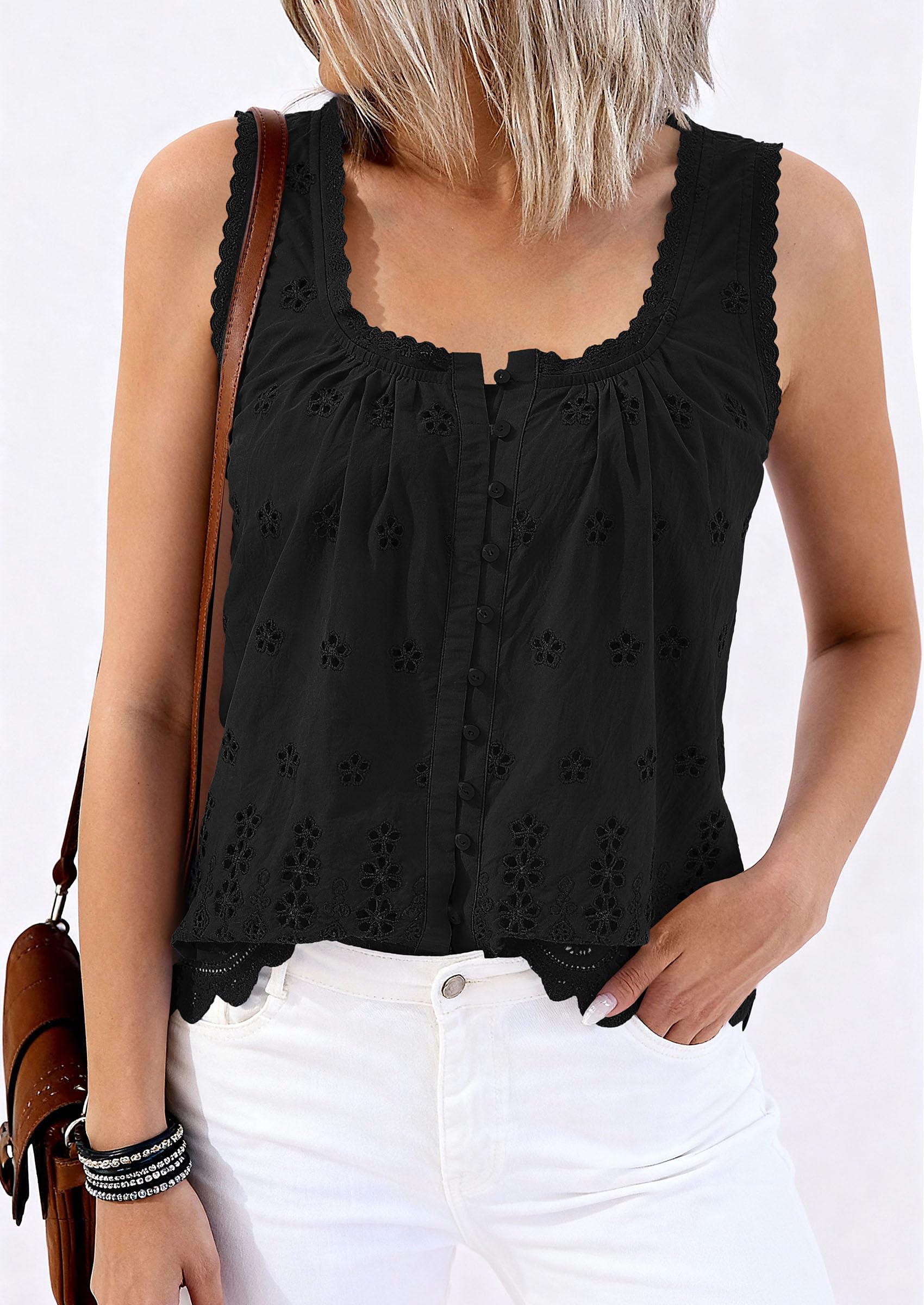 PRETTYGARDEN Womens Tank Tops 2026 Summer Button Down Shirts Embroidered Eyelet Dressy Casual Blouses Beach Vacation Clothes