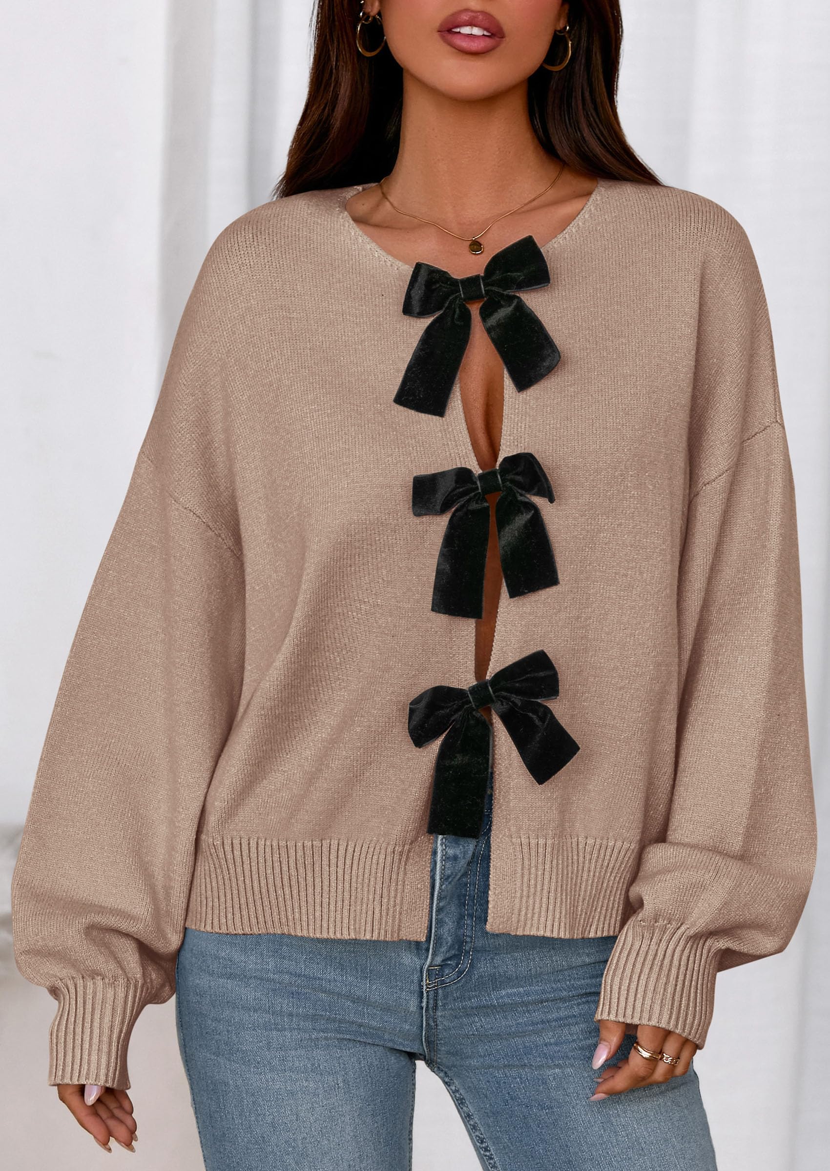 PRETTYGARDEN Cardigan Sweaters for Women Fall Fashion Bow Tie Front Long Sleeve Knit Sweater Tops Cute Winter Clothes
